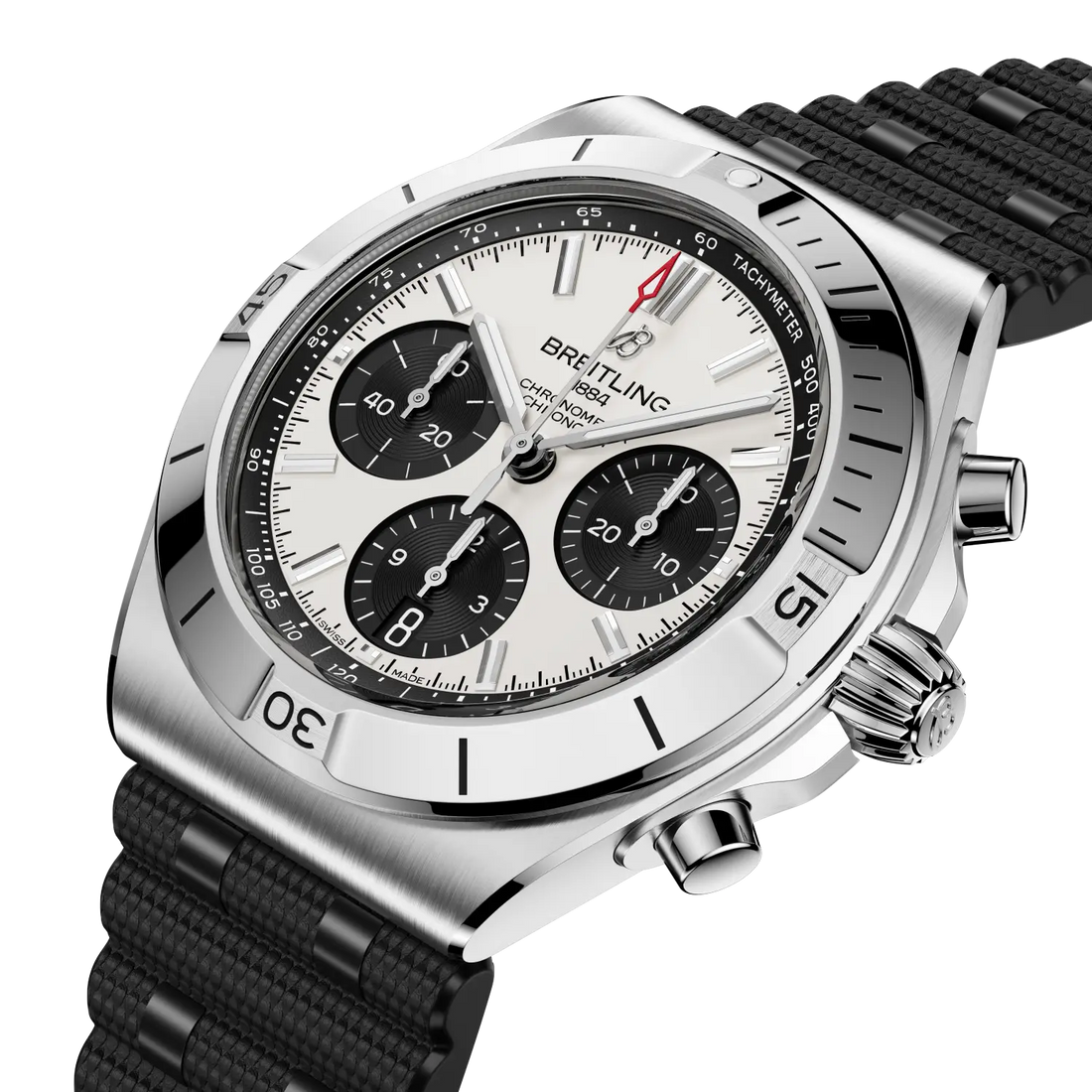 Breitling Chronomat B01 Chronograph 42 reference AB0158101A1S1 with White dial, Stainless steel case, rubber strap, front view