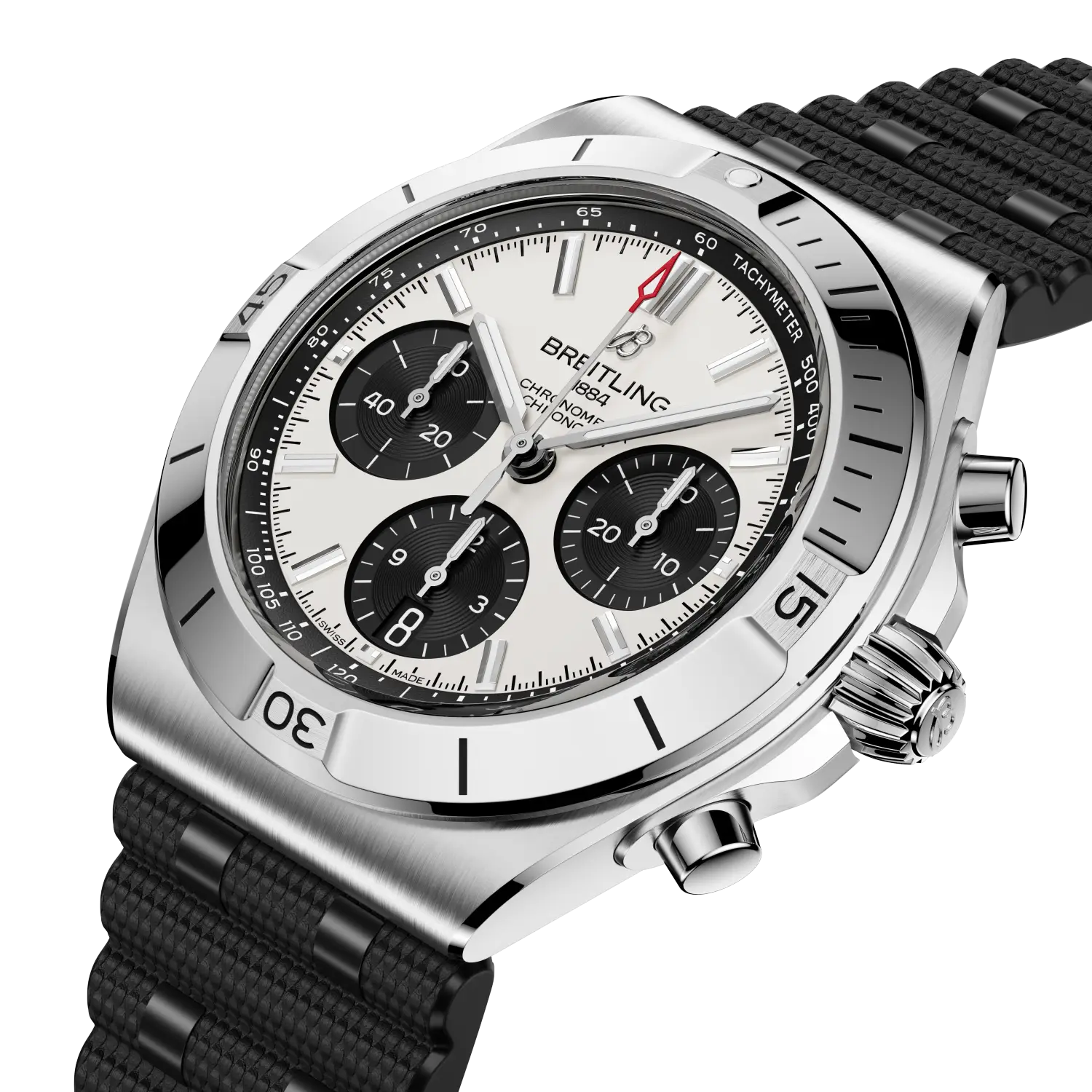 Breitling Chronomat B01 Chronograph 42 reference AB0158101A1S1 with White dial, Stainless steel case, rubber strap, three-quarter view
