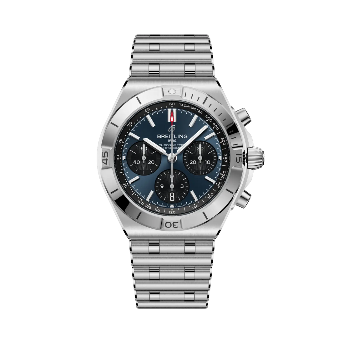 Breitling Chronomat B01 Chronograph 42 reference AB0158101C1A1 with Blue dial, Stainless steel case, bracelet, front view