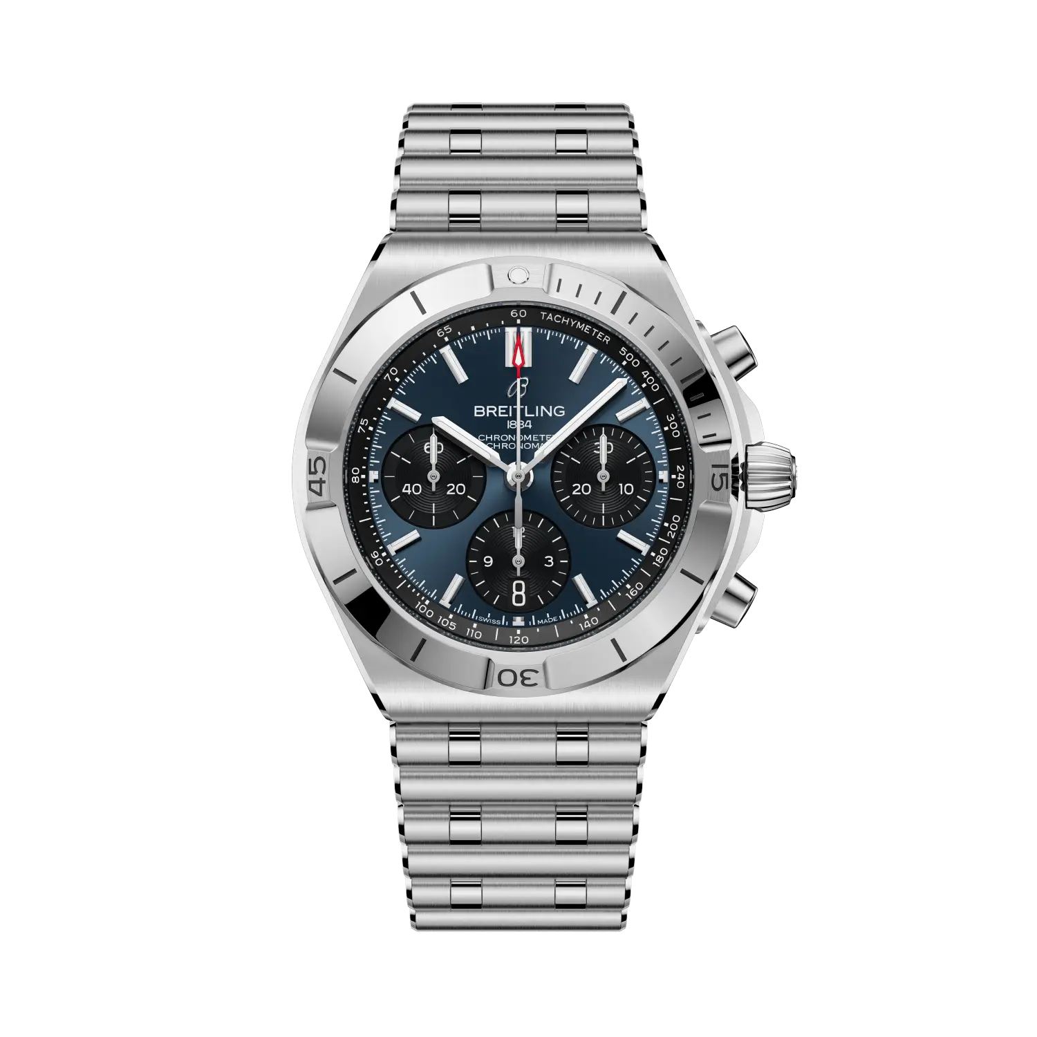 Breitling Chronomat B01 Chronograph 42 reference AB0158101C1A1 with Blue dial, Stainless steel case, bracelet, front view