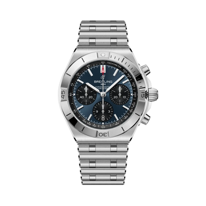 Breitling Chronomat B01 Chronograph 42 reference AB0158101C1A1 with Blue dial, Stainless steel case, bracelet, front view