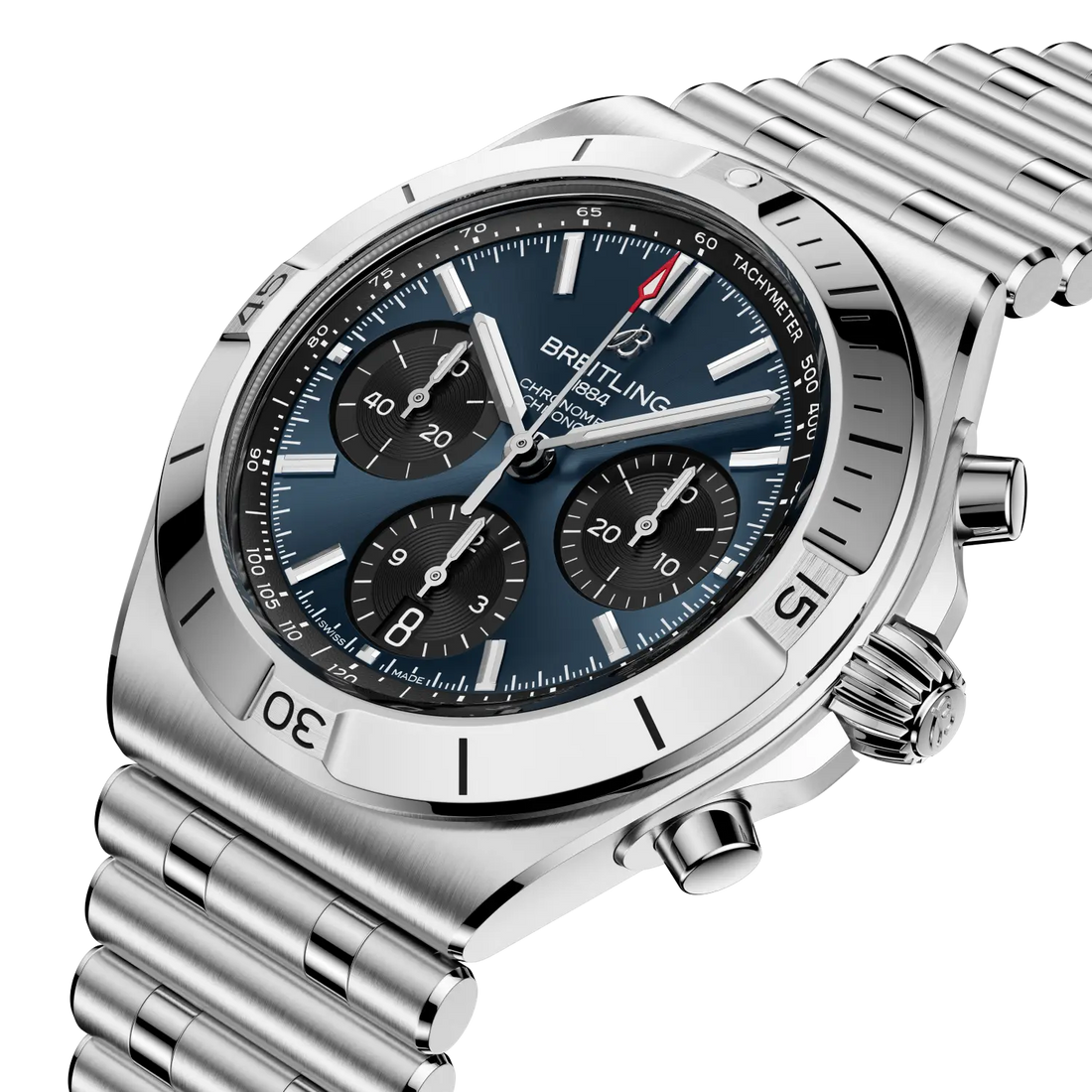 Breitling Chronomat B01 Chronograph 42 reference AB0158101C1A1 with Blue dial, Stainless steel case, bracelet, front view