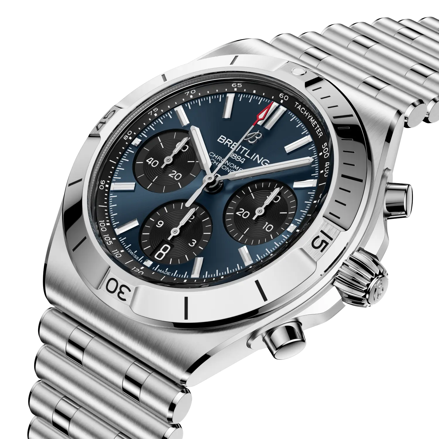 Breitling Chronomat B01 Chronograph 42 reference AB0158101C1A1 with Blue dial, Stainless steel case, bracelet, three-quarter view