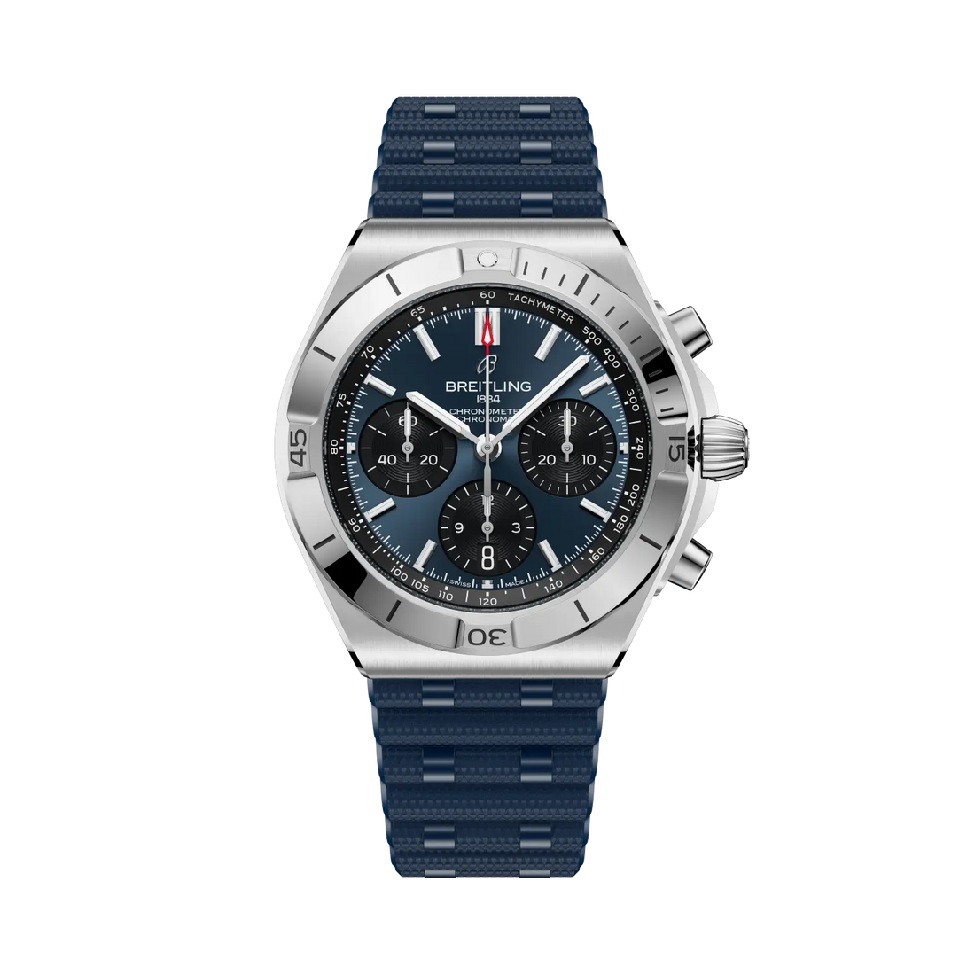 Breitling Chronomat B01 Chronograph 42 reference AB0158101C1S1 with Blue dial, Stainless steel case, rubber strap, front view