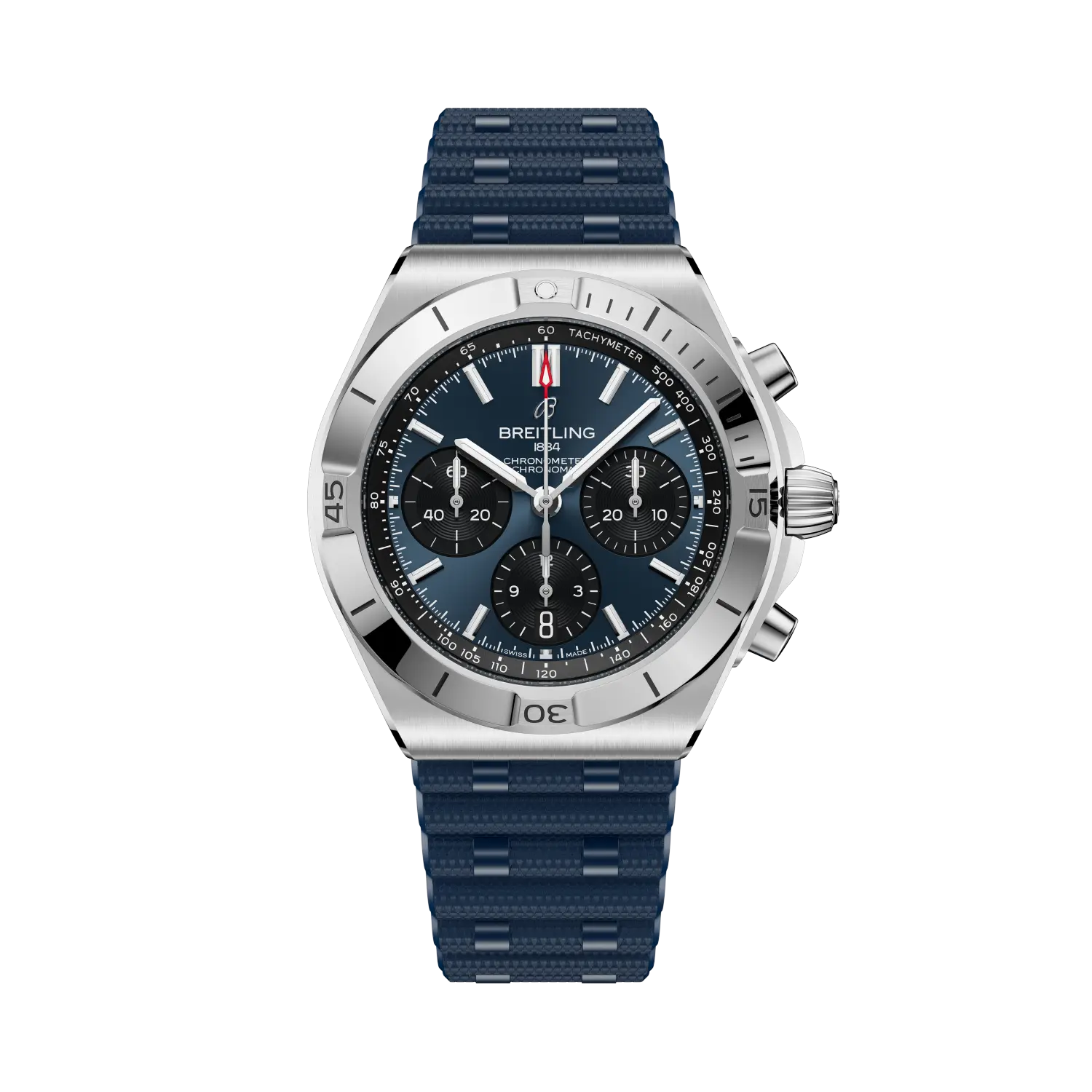 Breitling Chronomat B01 Chronograph 42 reference AB0158101C1S1 with Blue dial, Stainless steel case, rubber strap, front view