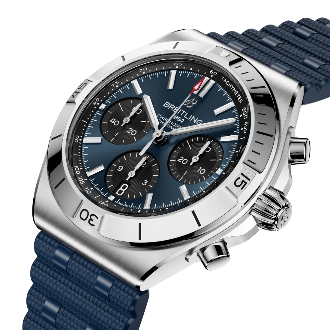 Breitling Chronomat B01 Chronograph 42 reference AB0158101C1S1 with Blue dial, Stainless steel case, rubber strap, front view