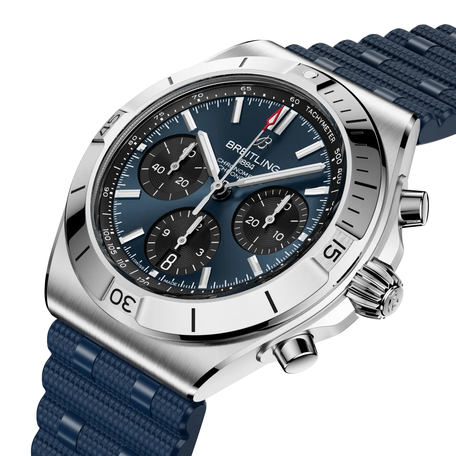 Breitling Chronomat B01 Chronograph 42 reference AB0158101C1S1 with Blue dial, Stainless steel case, rubber strap, three-quarter view