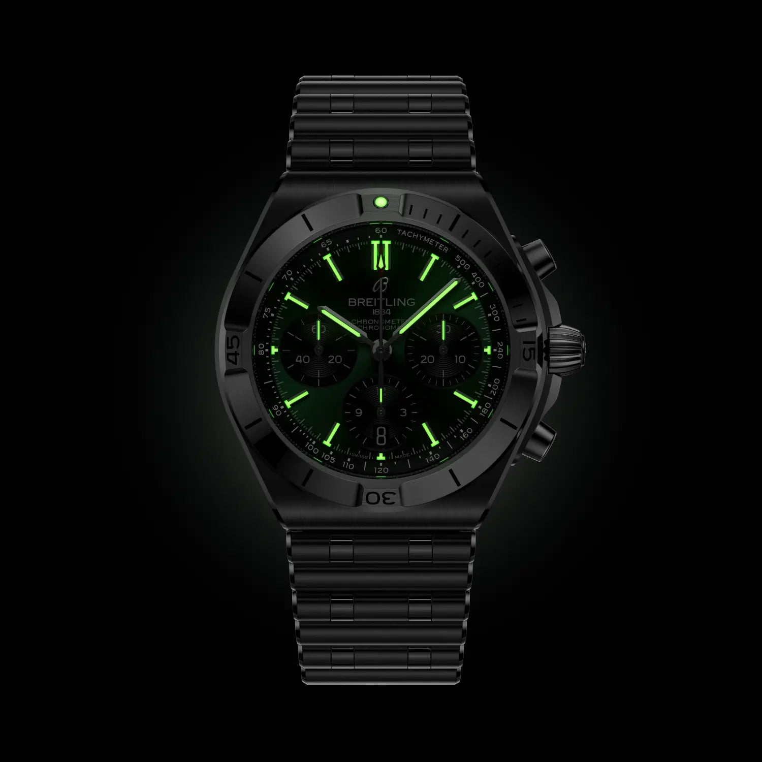Breitling Chronomat B01 Chronograph 42 reference AB0158101L1A1 with Green dial, Stainless steel case, bracelet, illuminated dial view