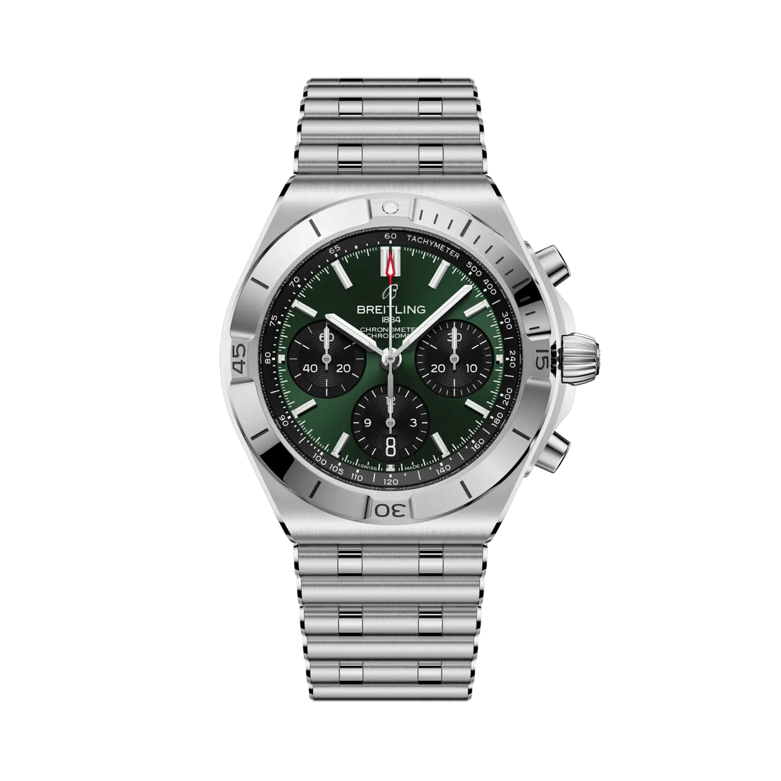 Breitling Chronomat B01 Chronograph 42 reference AB0158101L1A1 with Green dial, Stainless steel case, bracelet, front view