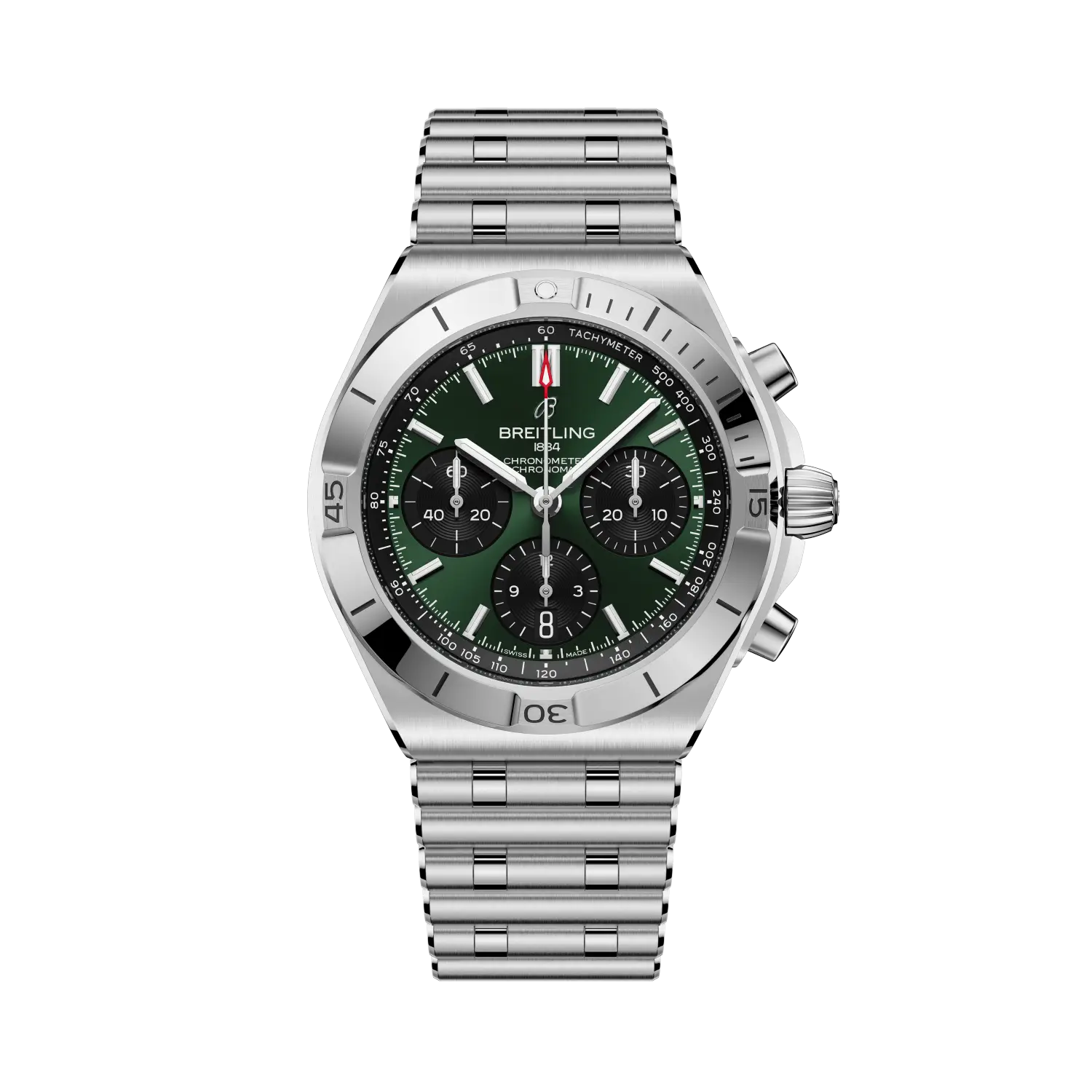 Breitling Chronomat B01 Chronograph 42 reference AB0158101L1A1 with Green dial, Stainless steel case, bracelet, front view