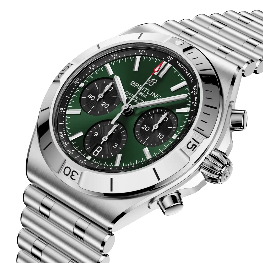 Breitling Chronomat B01 Chronograph 42 reference AB0158101L1A1 with Green dial, Stainless steel case, bracelet, front view