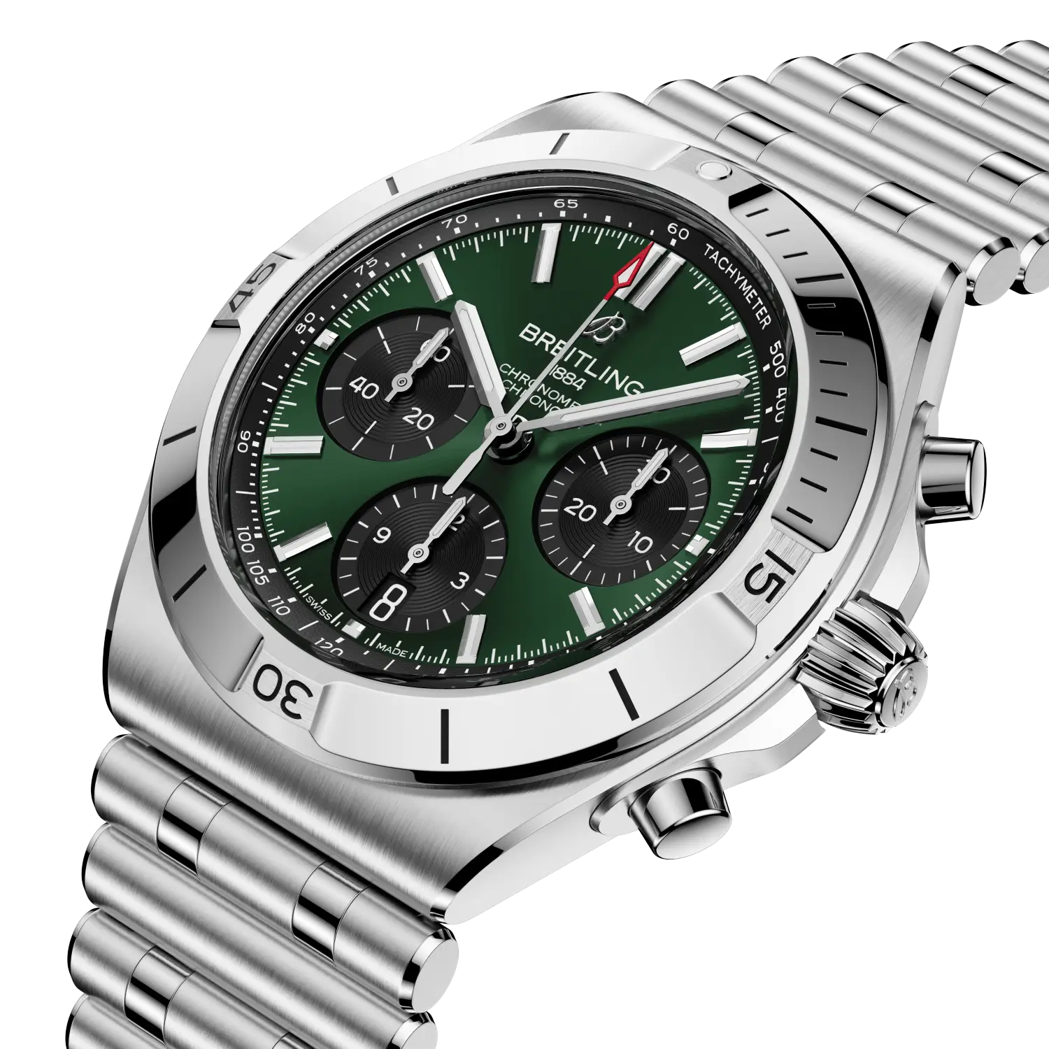 Breitling Chronomat B01 Chronograph 42 reference AB0158101L1A1 with Green dial, Stainless steel case, bracelet, three-quarter view