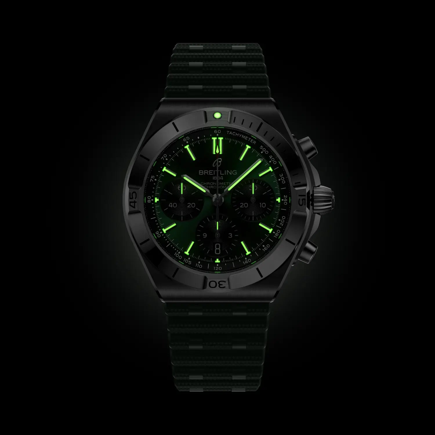 Breitling Chronomat B01 Chronograph 42 reference AB0158101L1S1 with Green dial, Stainless steel case, rubber strap, illuminated dial view