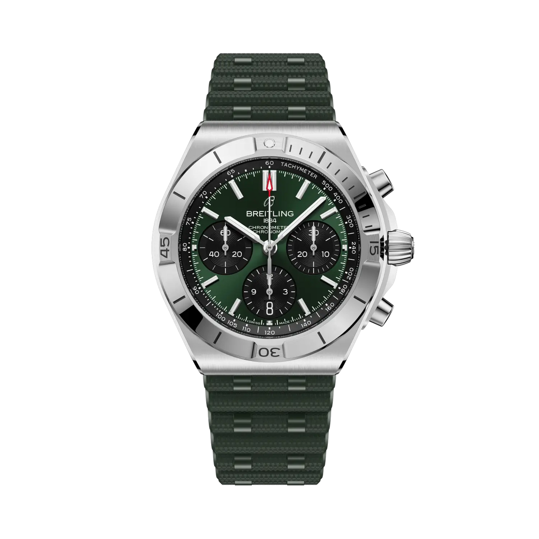 Breitling Chronomat B01 Chronograph 42 reference AB0158101L1S1 with Green dial, Stainless steel case, rubber strap, front view
