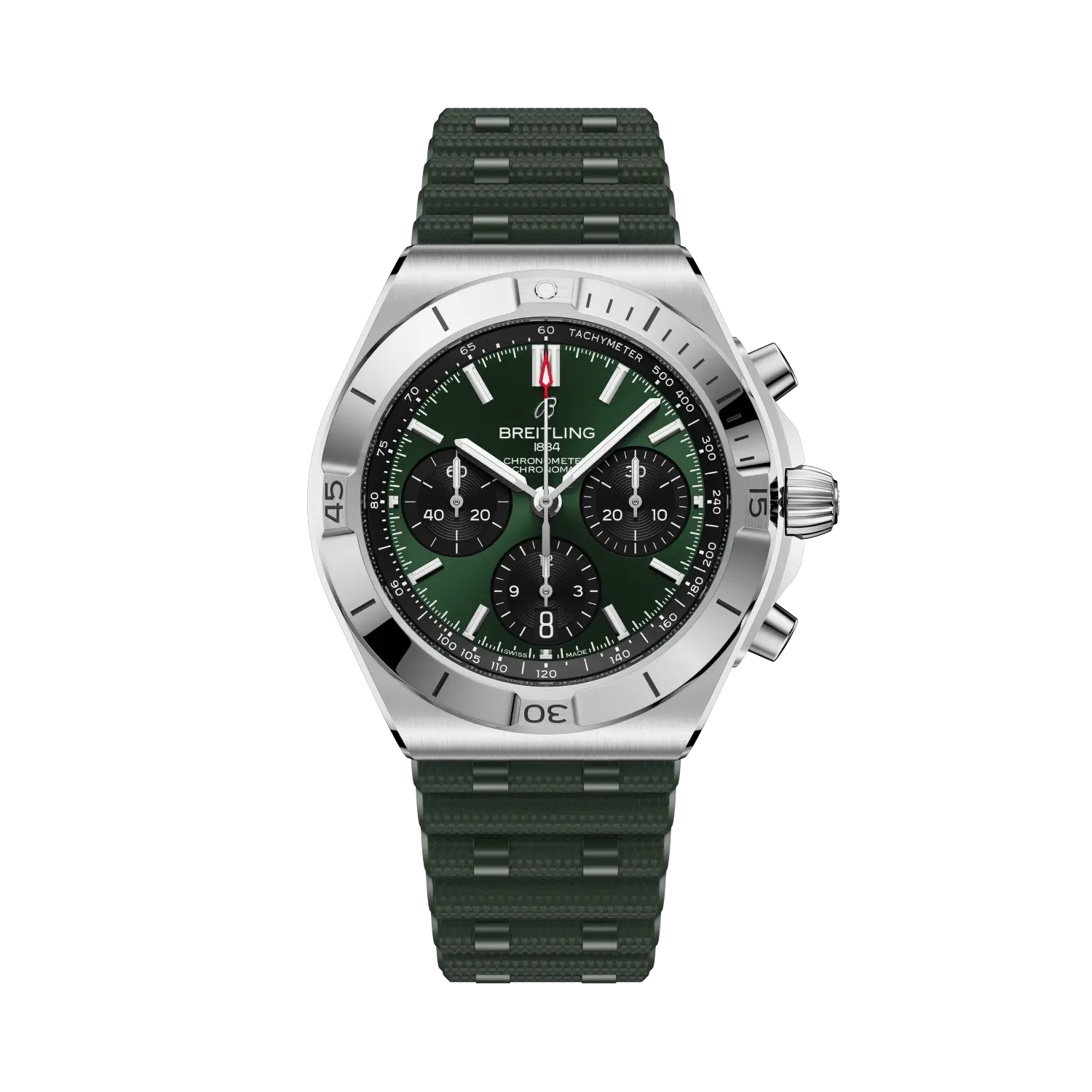 Breitling Chronomat B01 Chronograph 42 reference AB0158101L1S1 with Green dial, Stainless steel case, rubber strap, front view