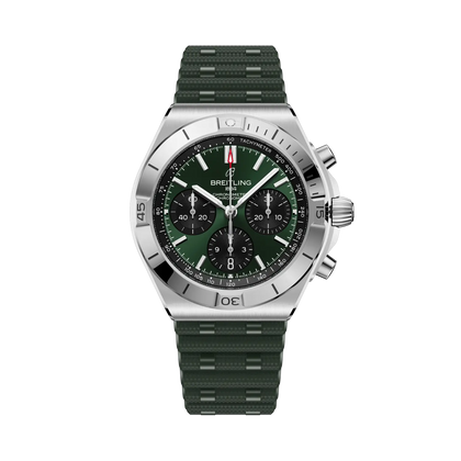 Breitling Chronomat B01 Chronograph 42 reference AB0158101L1S1 with Green dial, Stainless steel case, rubber strap, front view