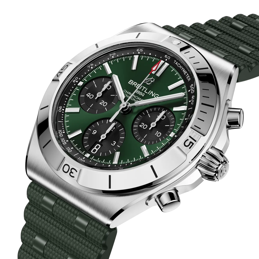 Breitling Chronomat B01 Chronograph 42 reference AB0158101L1S1 with Green dial, Stainless steel case, rubber strap, front view