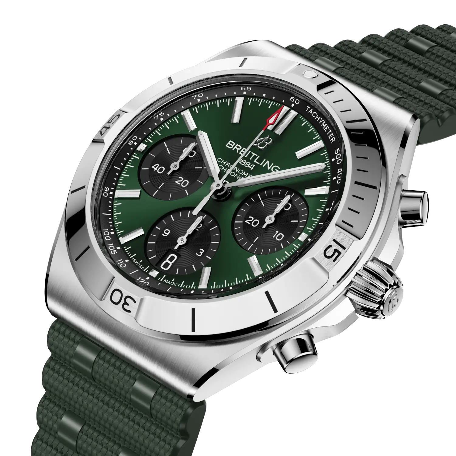 Breitling Chronomat B01 Chronograph 42 reference AB0158101L1S1 with Green dial, Stainless steel case, rubber strap, three-quarter view