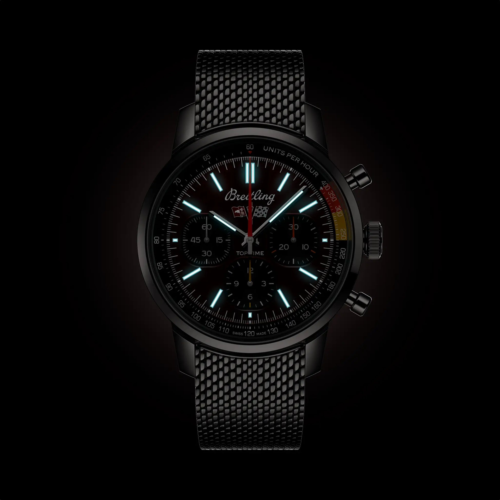 Breitling Top Time B01 Chevrolet Corvette reference AB01761A1K1A1 with Red dial, Stainless steel case, bracelet, illuminated dial view