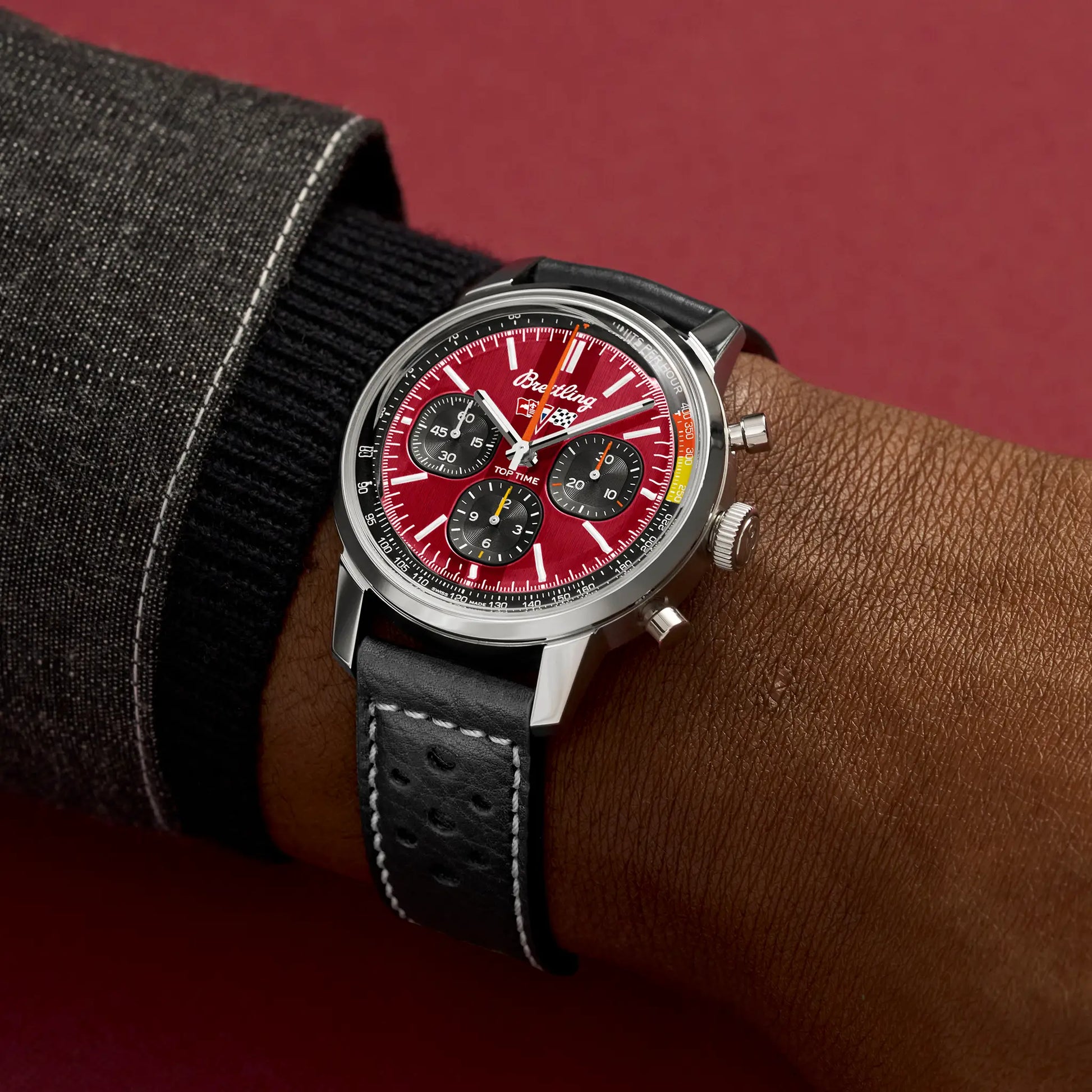 Breitling Top Time B01 Chevrolet Corvette reference AB01761A1K1X1 with Red dial, Stainless steel case, calfskin strap, on-wrist view