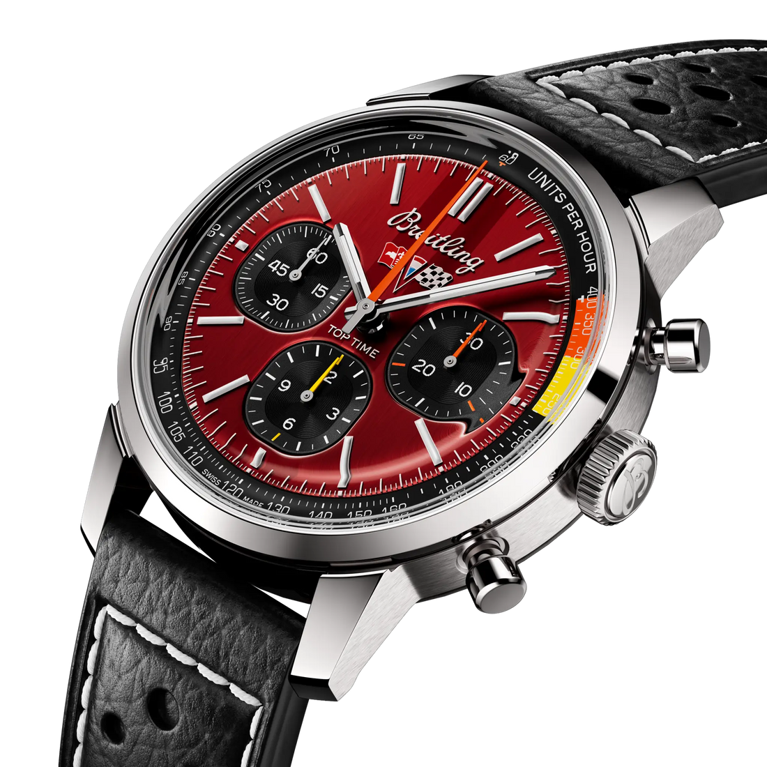 Breitling Top Time B01 Chevrolet Corvette reference AB01761A1K1X1 with Red dial, Stainless steel case, calfskin strap, three-quarter view