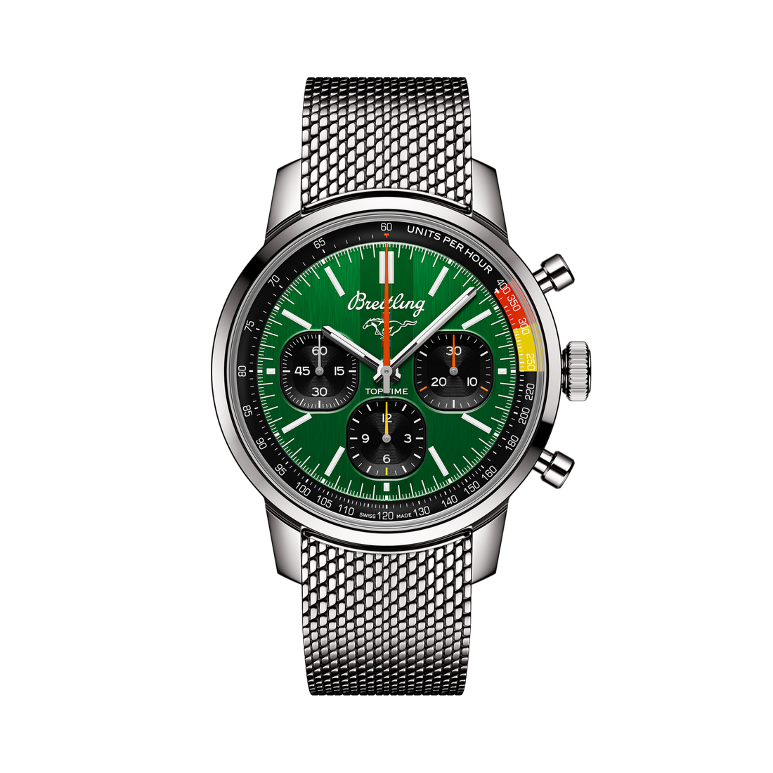 Breitling Top Time B01 Ford Mustang reference AB01762A1L1A1 with Green dial, Stainless steel case, bracelet, front view