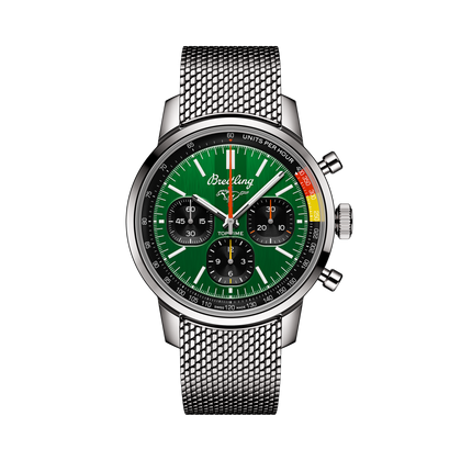 Breitling Top Time B01 Ford Mustang reference AB01762A1L1A1 with Green dial, Stainless steel case, bracelet, front view