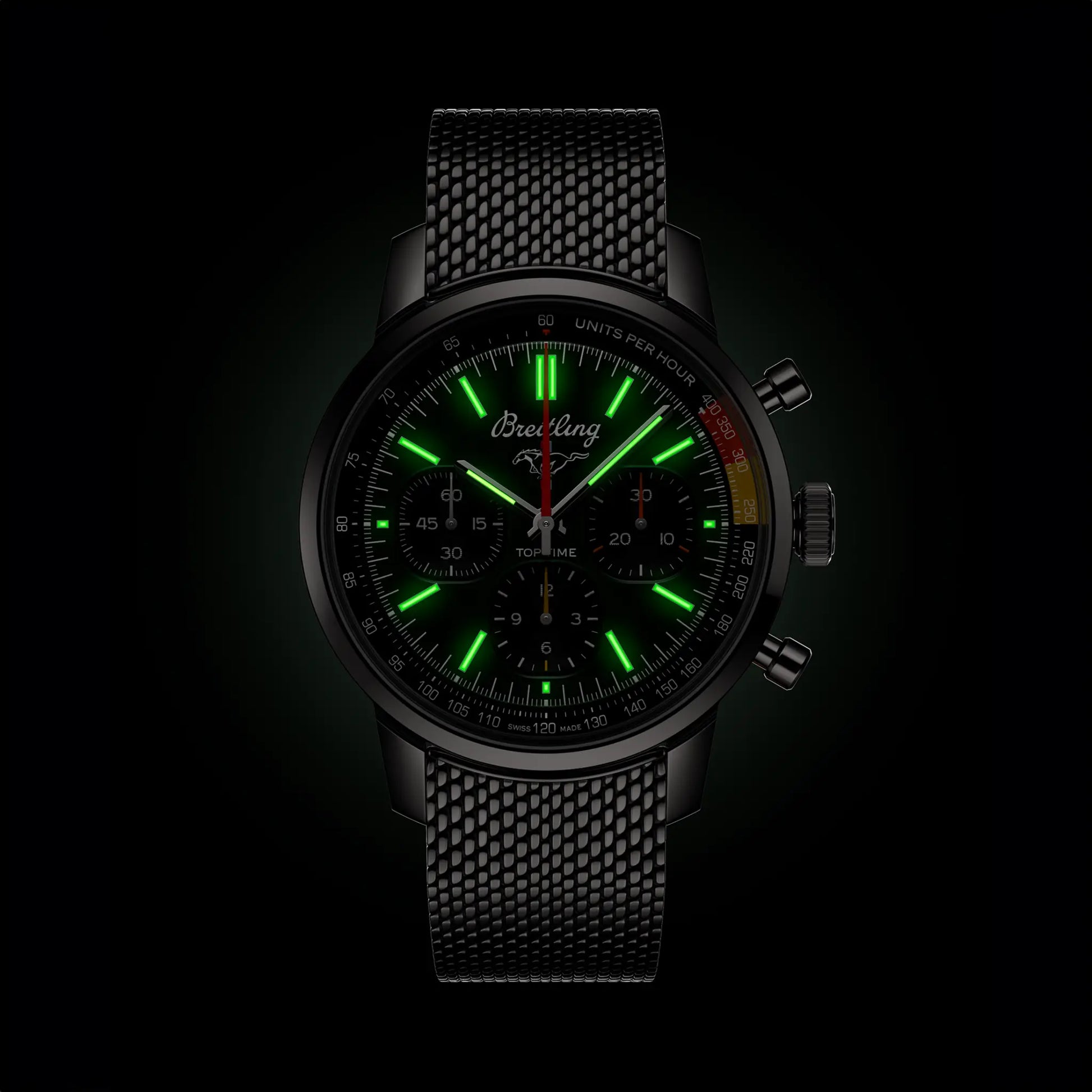 Breitling Top Time B01 Ford Mustang reference AB01762A1L1A1 with Green dial, Stainless steel case, bracelet, illuminated dial view