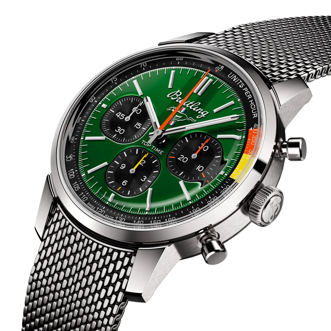 Breitling Top Time B01 Ford Mustang reference AB01762A1L1A1 with Green dial, Stainless steel case, bracelet, three-quarter view