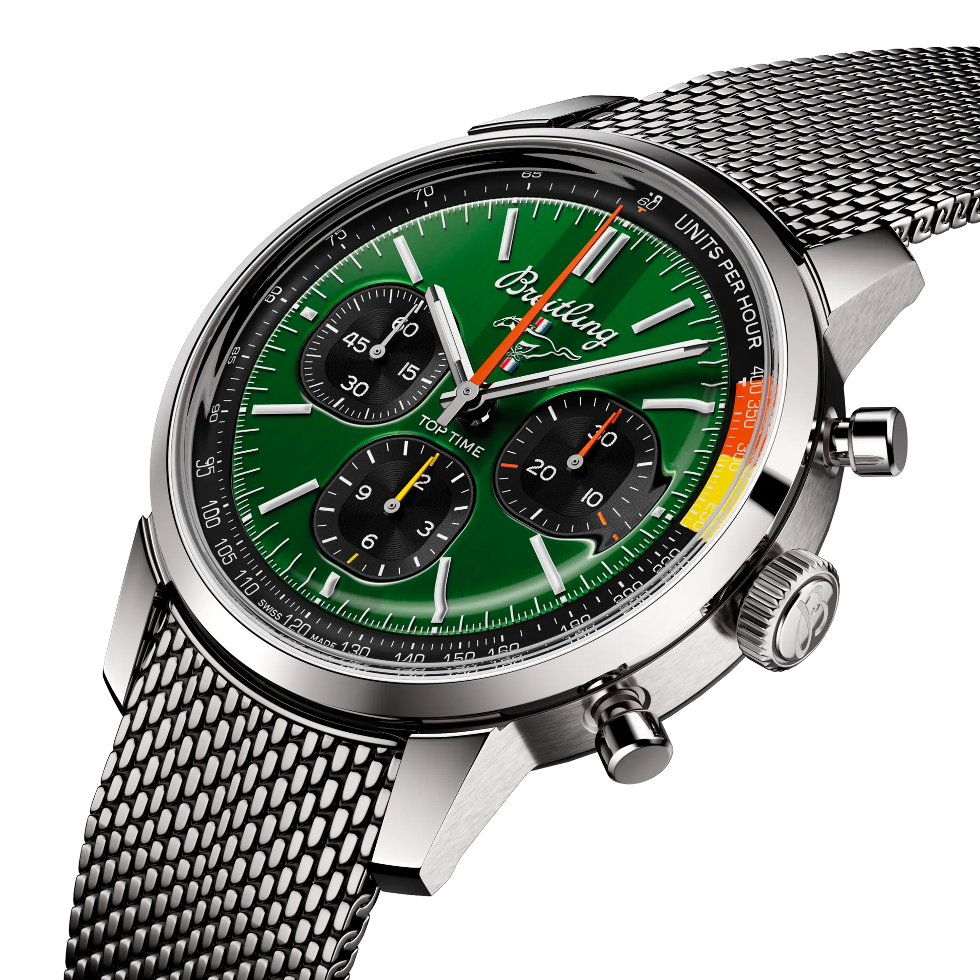 Breitling Top Time B01 Ford Mustang reference AB01762A1L1A1 with Green dial, Stainless steel case, bracelet, three-quarter view