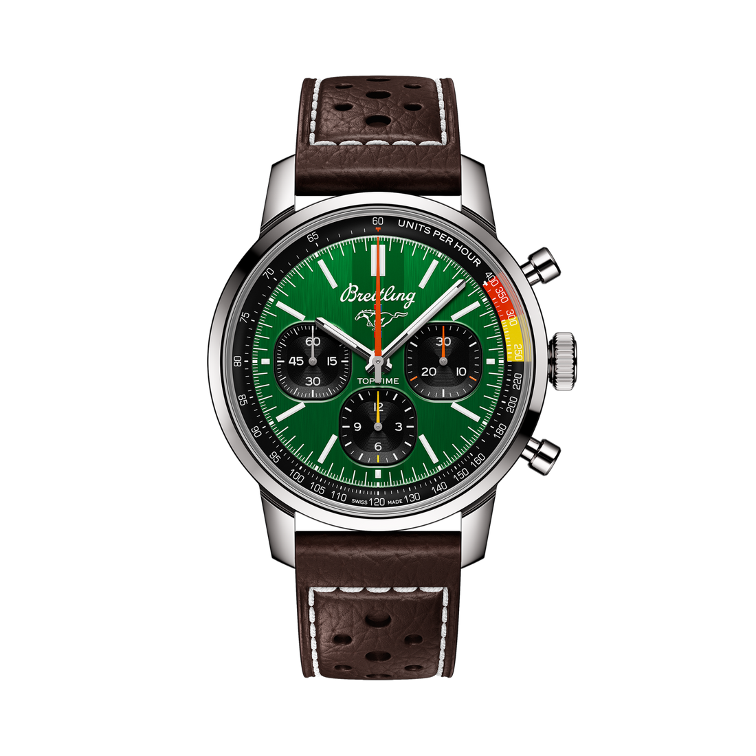Breitling Top Time B01 Ford Mustang reference AB01762A1L1X1 with Green dial, Stainless steel case, calfskin strap, front view