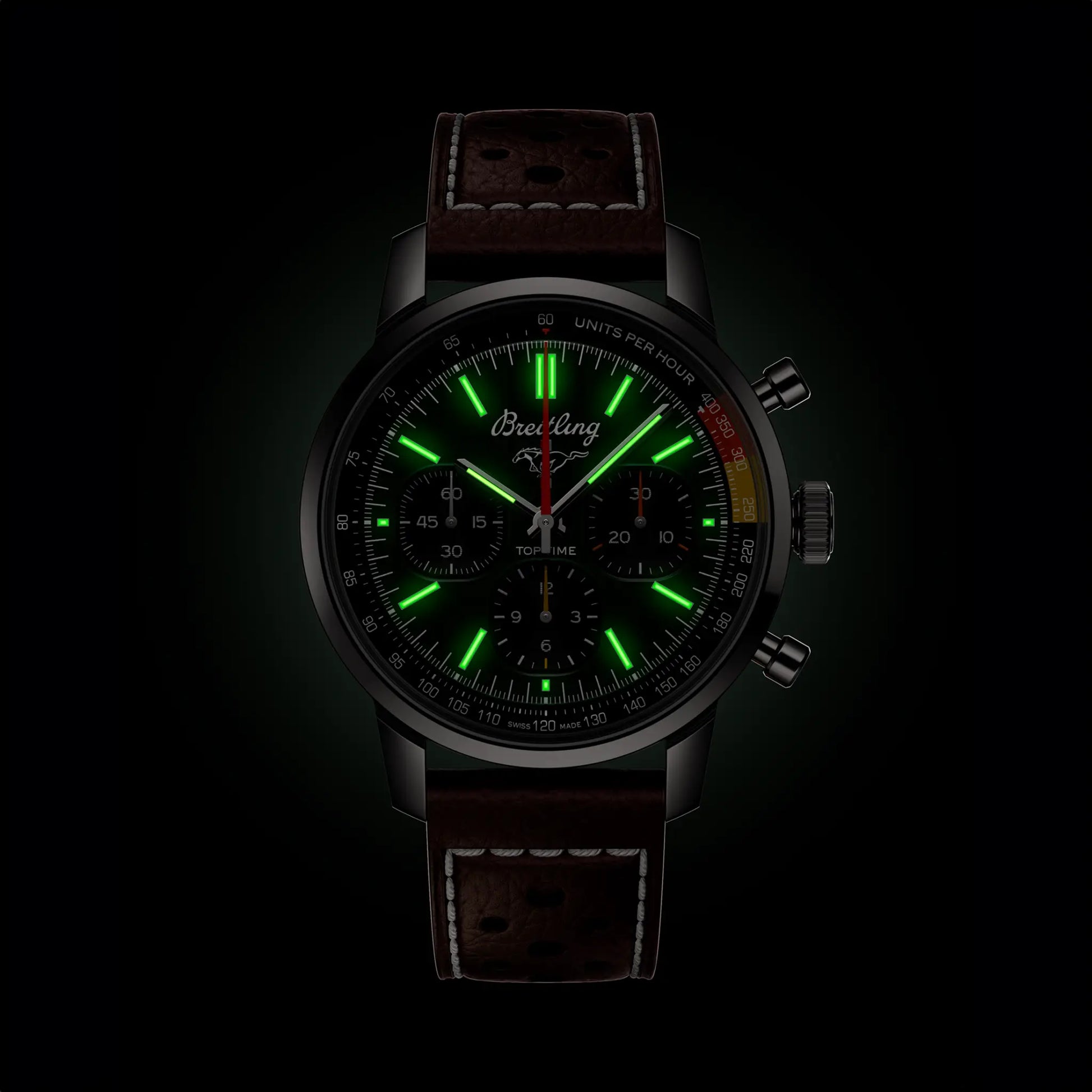 Breitling Top Time B01 Ford Mustang reference AB01762A1L1X1 with Green dial, Stainless steel case, calfskin strap, illuminated dial view
