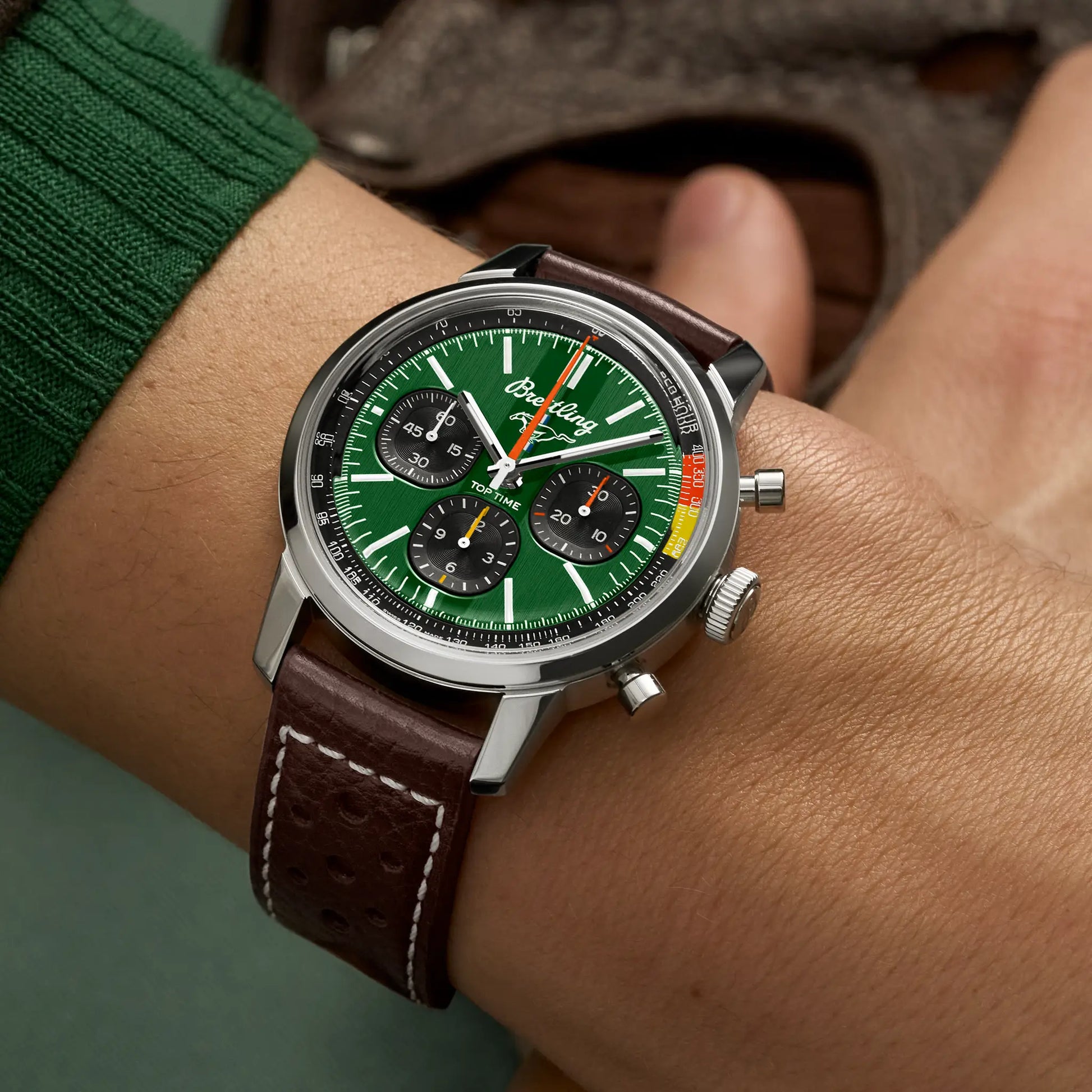 Breitling Top Time B01 Ford Mustang reference AB01762A1L1X1 with Green dial, Stainless steel case, calfskin strap, on-wrist view
