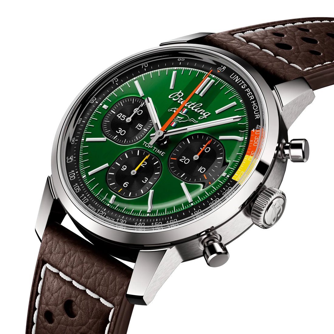 Breitling Top Time B01 Ford Mustang reference AB01762A1L1X1 with Green dial, Stainless steel case, calfskin strap, three-quarter view