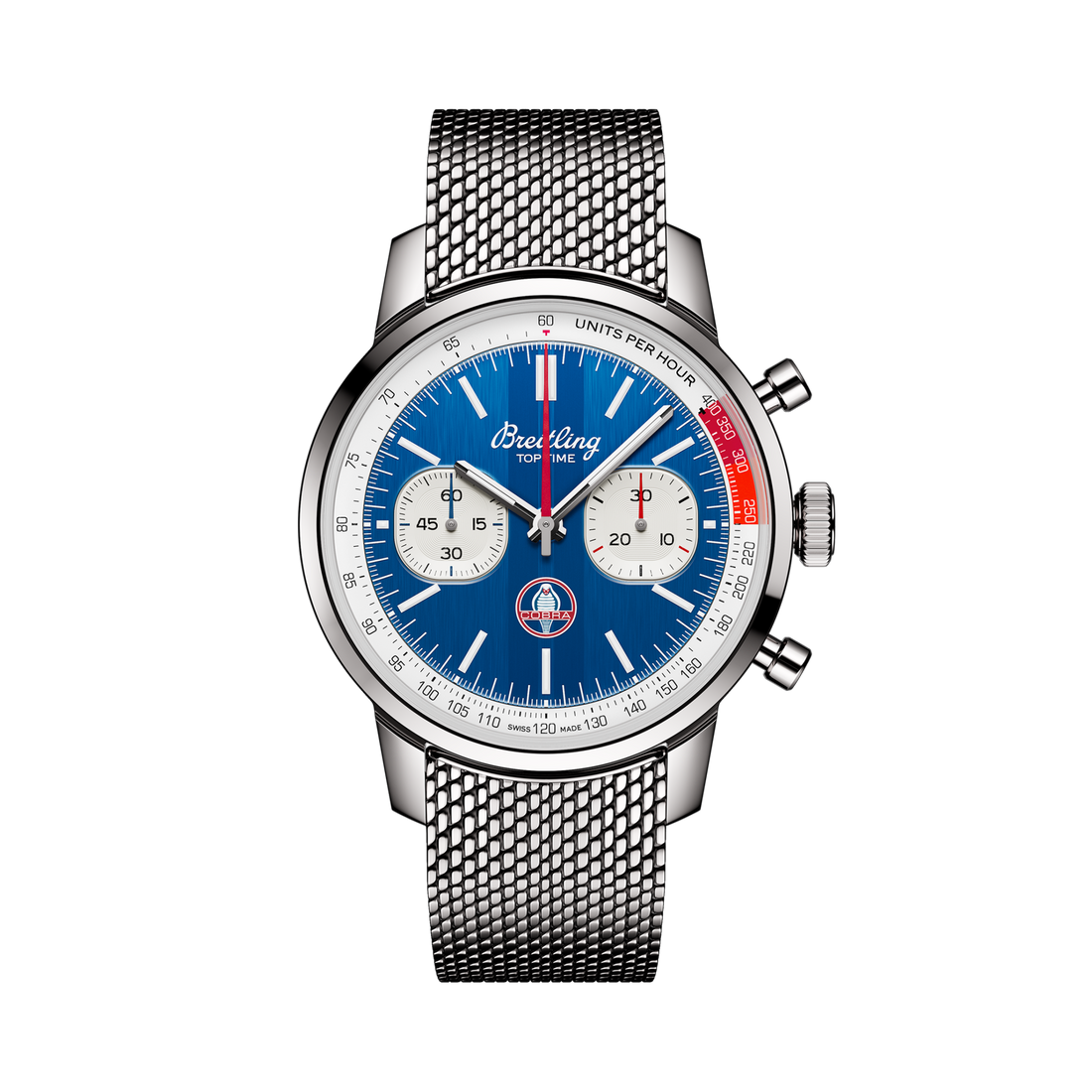 Breitling Top Time B01 Shelby Cobra reference AB01763A1C1A1 with Blue dial, Stainless steel case, bracelet, front view