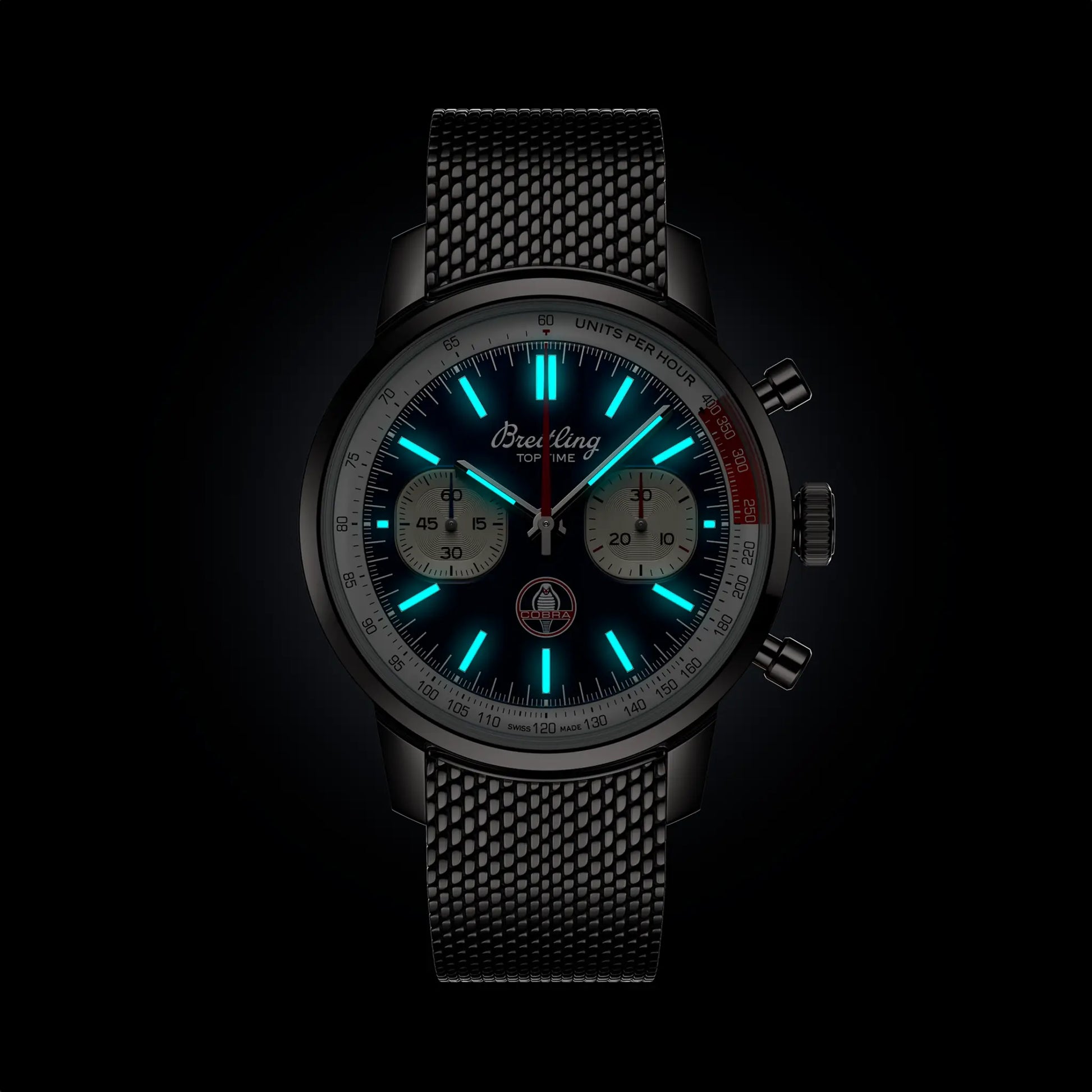 Breitling Top Time B01 Shelby Cobra reference AB01763A1C1A1 with Blue dial, Stainless steel case, bracelet, illuminated dial view
