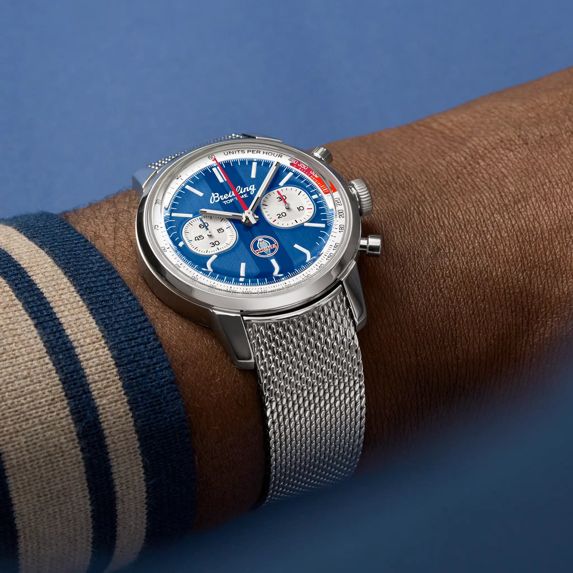 Breitling Top Time B01 Shelby Cobra reference AB01763A1C1A1 with Blue dial, Stainless steel case, bracelet, on-wrist view