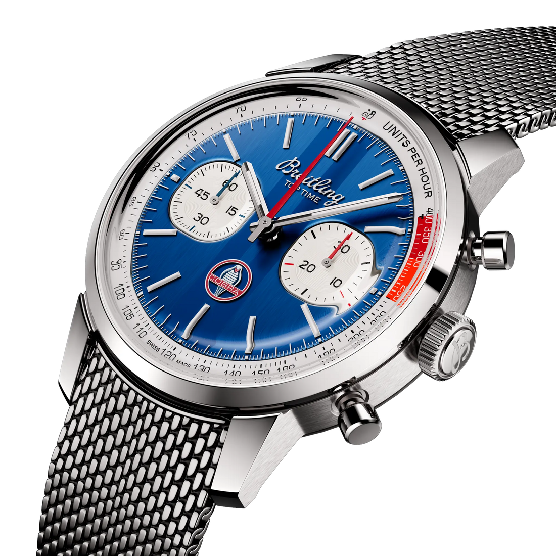 Breitling Top Time B01 Shelby Cobra reference AB01763A1C1A1 with Blue dial, Stainless steel case, bracelet, three-quarter view