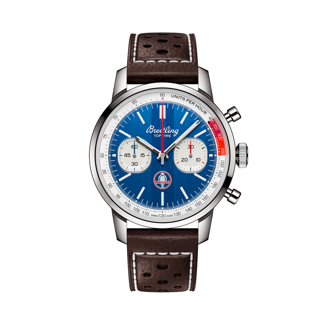 Breitling Top Time B01 Shelby Cobra reference AB01763A1C1X1 with Blue dial, Stainless steel case, brown calfskin strap, front view