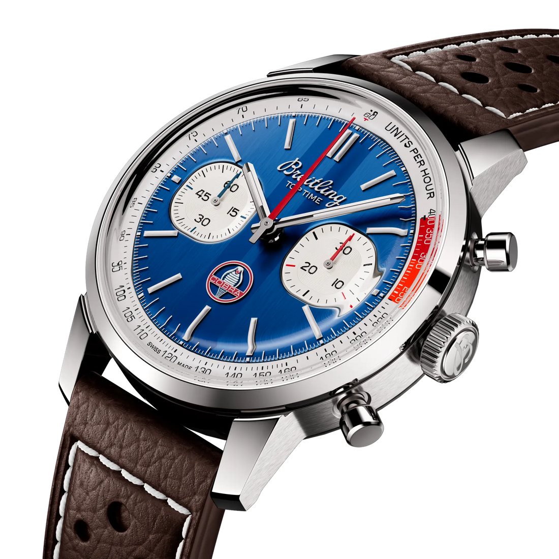 Breitling Top Time B01 Shelby Cobra reference AB01763A1C1X1 with Blue dial, Stainless steel case, brown calfskin strap, three-quarter view
