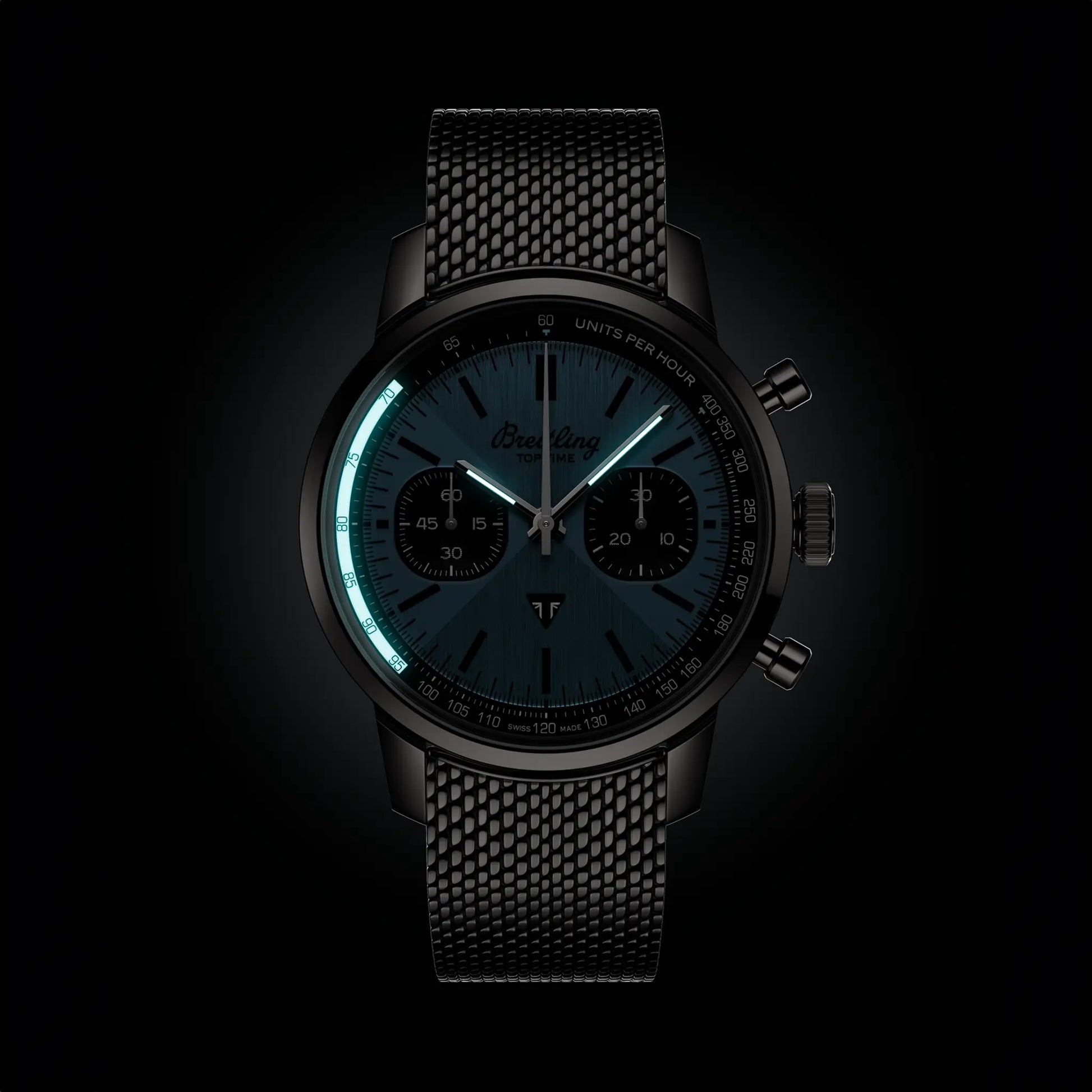 Breitling Top Time B01 Triumph reference AB01764A1C1A1 with Ice blue dial, Stainless steel case, bracelet, illuminated dial view