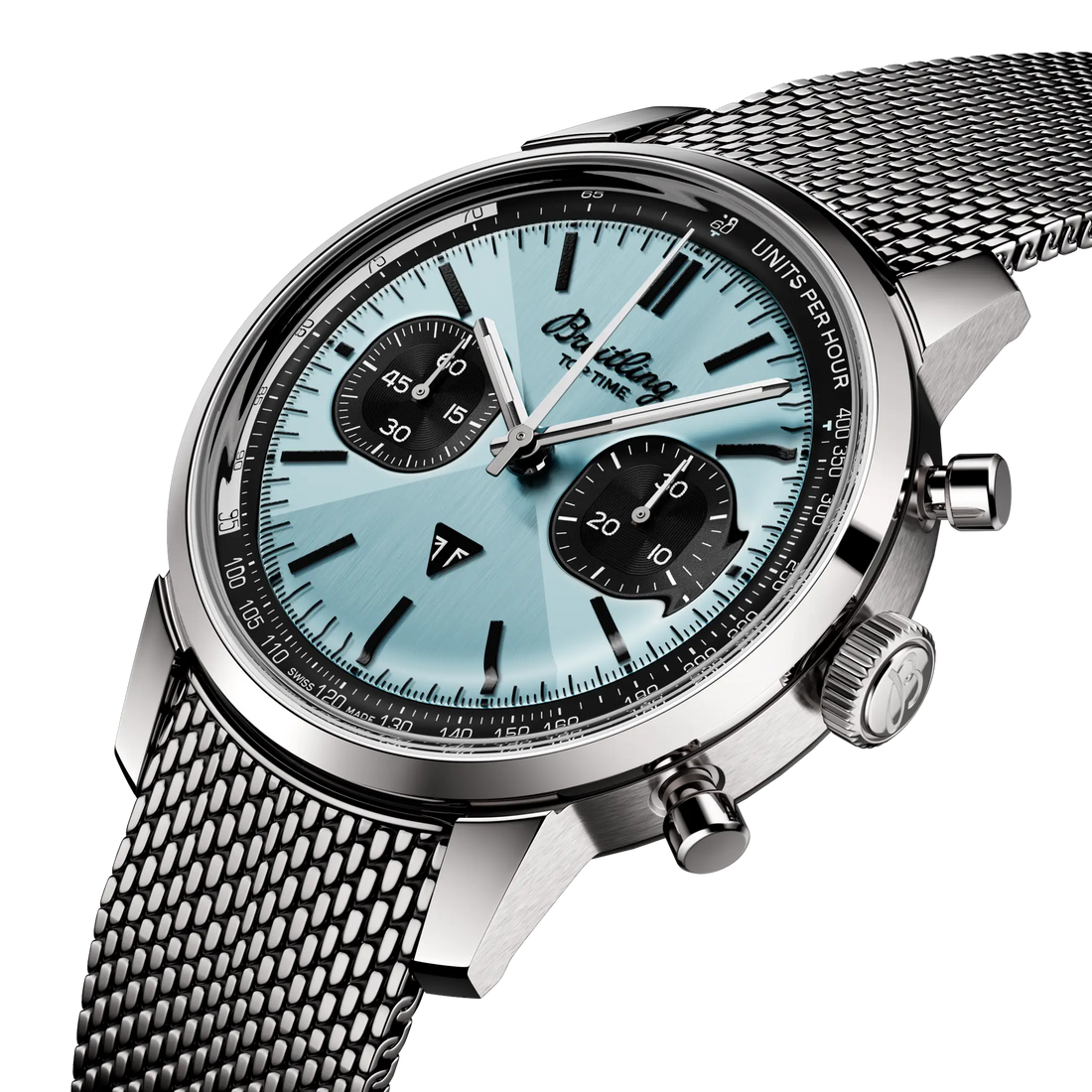 Breitling Top Time B01 Triumph reference AB01764A1C1A1 with Ice blue dial, Stainless steel case, bracelet, three-quarter view