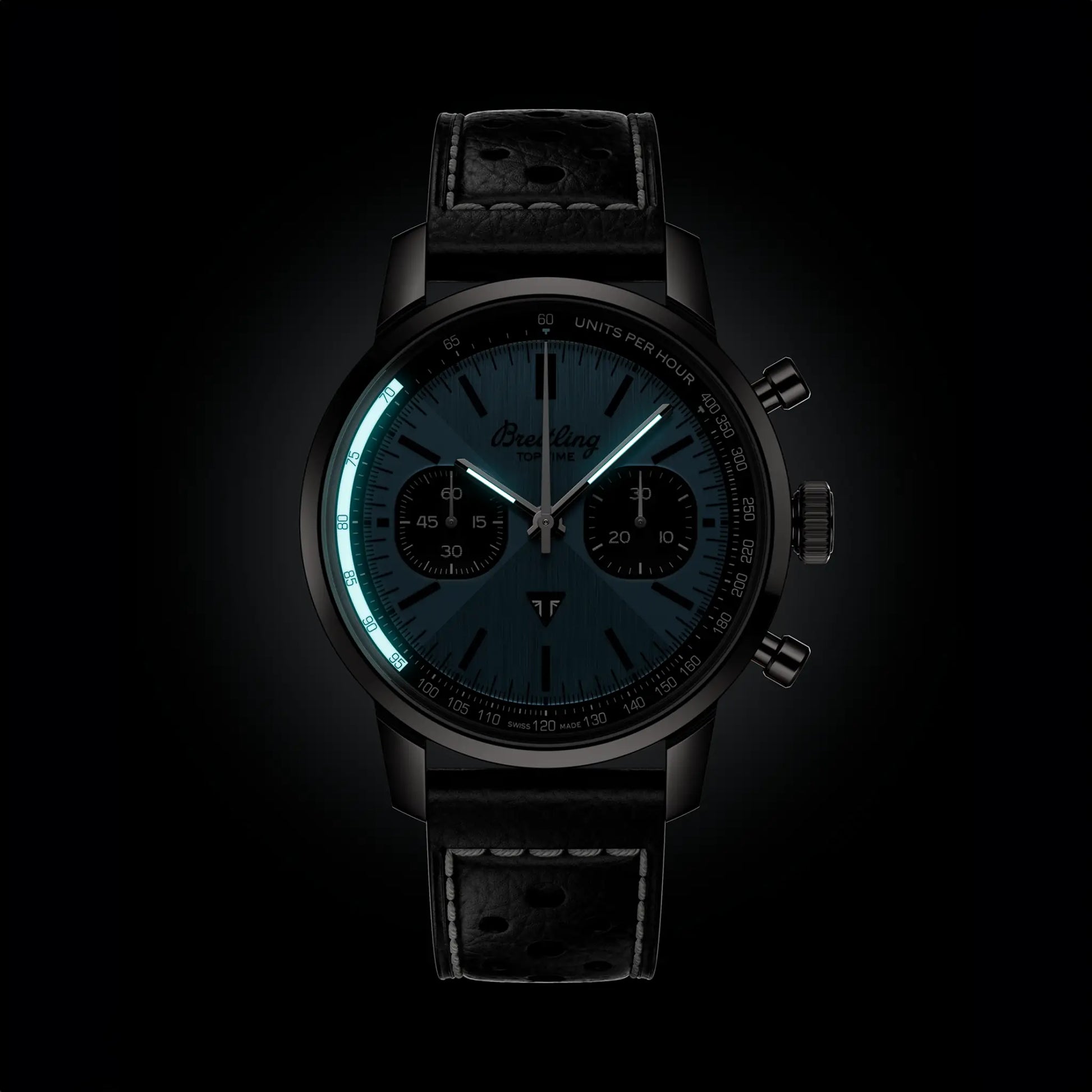 Breitling Top Time B01 Triumph reference AB01764A1C1X1 with Ice blue dial, Stainless steel case, calfskin strap, illuminated dial view