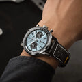 Breitling Top Time B01 Triumph reference AB01764A1C1X1 with Ice blue dial, Stainless steel case, calfskin strap, on-wrist view