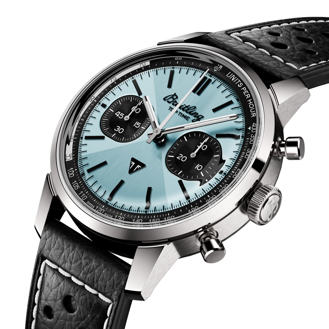 Breitling Top Time B01 Triumph reference AB01764A1C1X1 with Ice blue dial, Stainless steel case, calfskin strap, three-quarter view