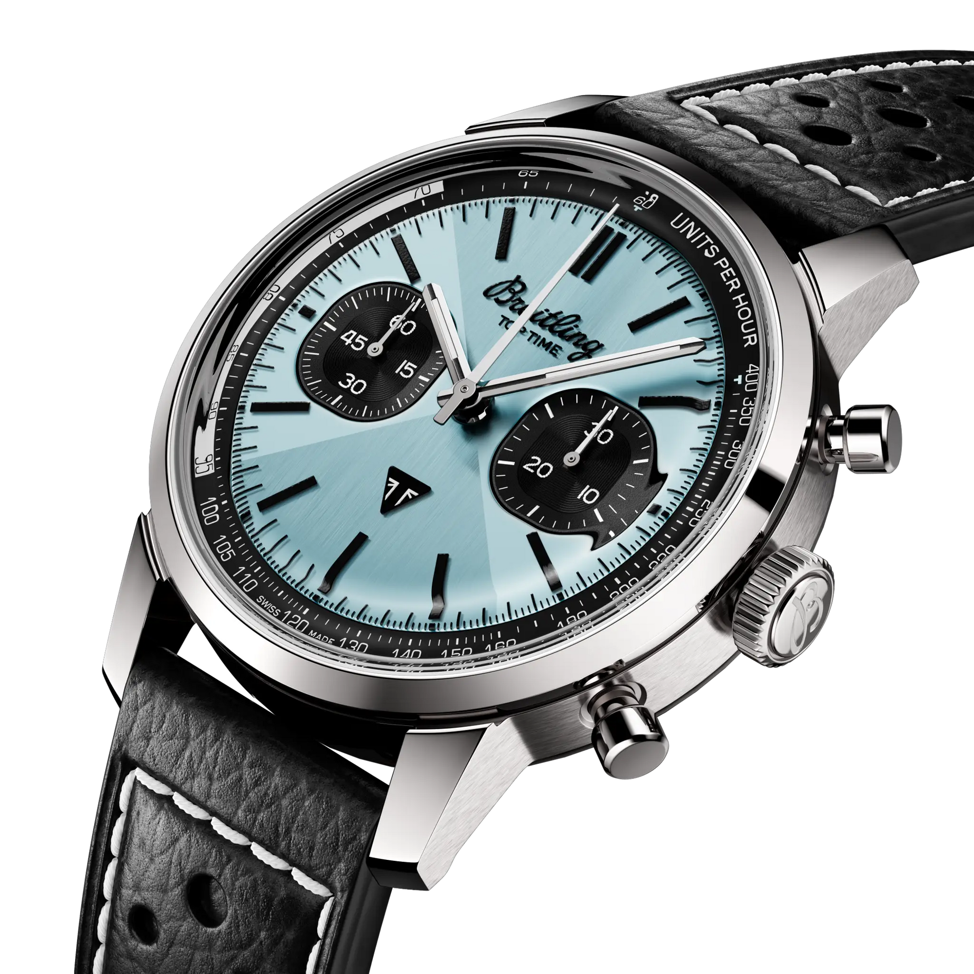 Breitling Top Time B01 Triumph reference AB01764A1C1X1 with Ice blue dial, Stainless steel case, calfskin strap, three-quarter view