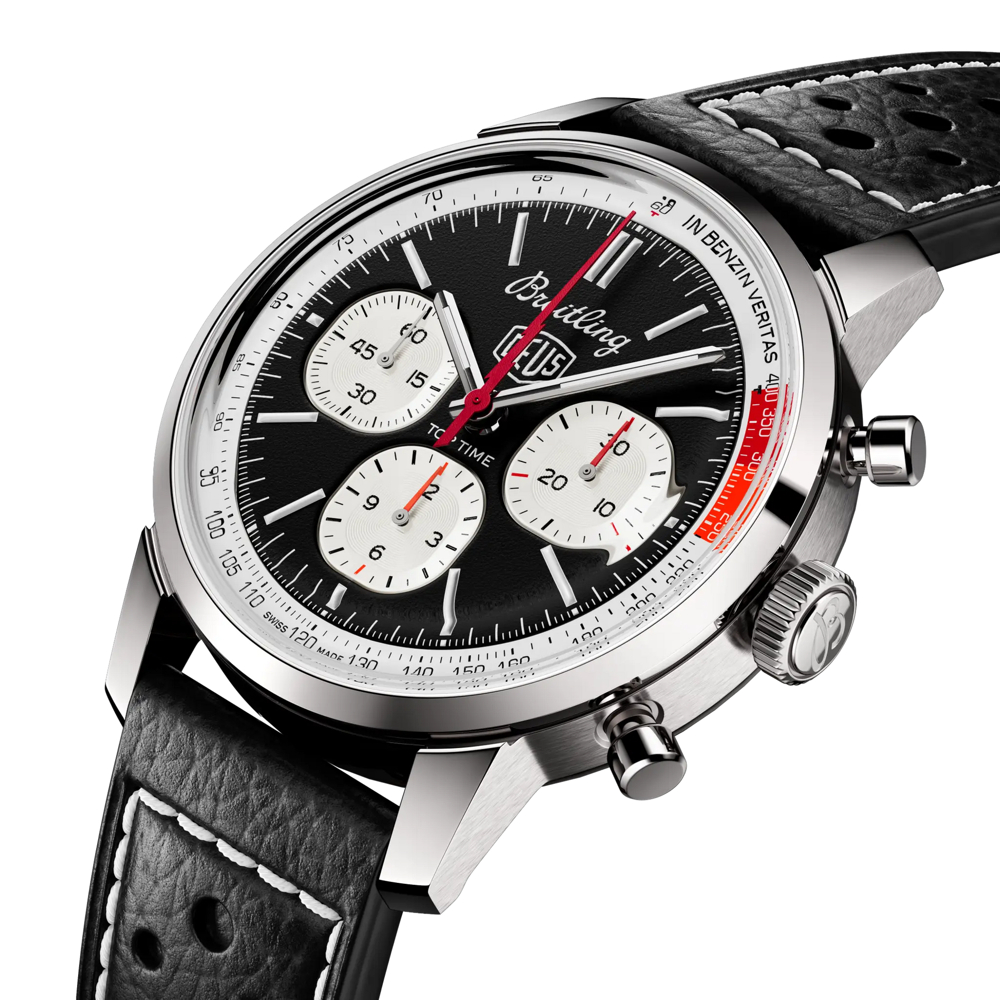 Breitling Top Time B01 Deus reference AB01765A1B1X1 with Black dial, Stainless steel case, calfskin strap, three-quarter view