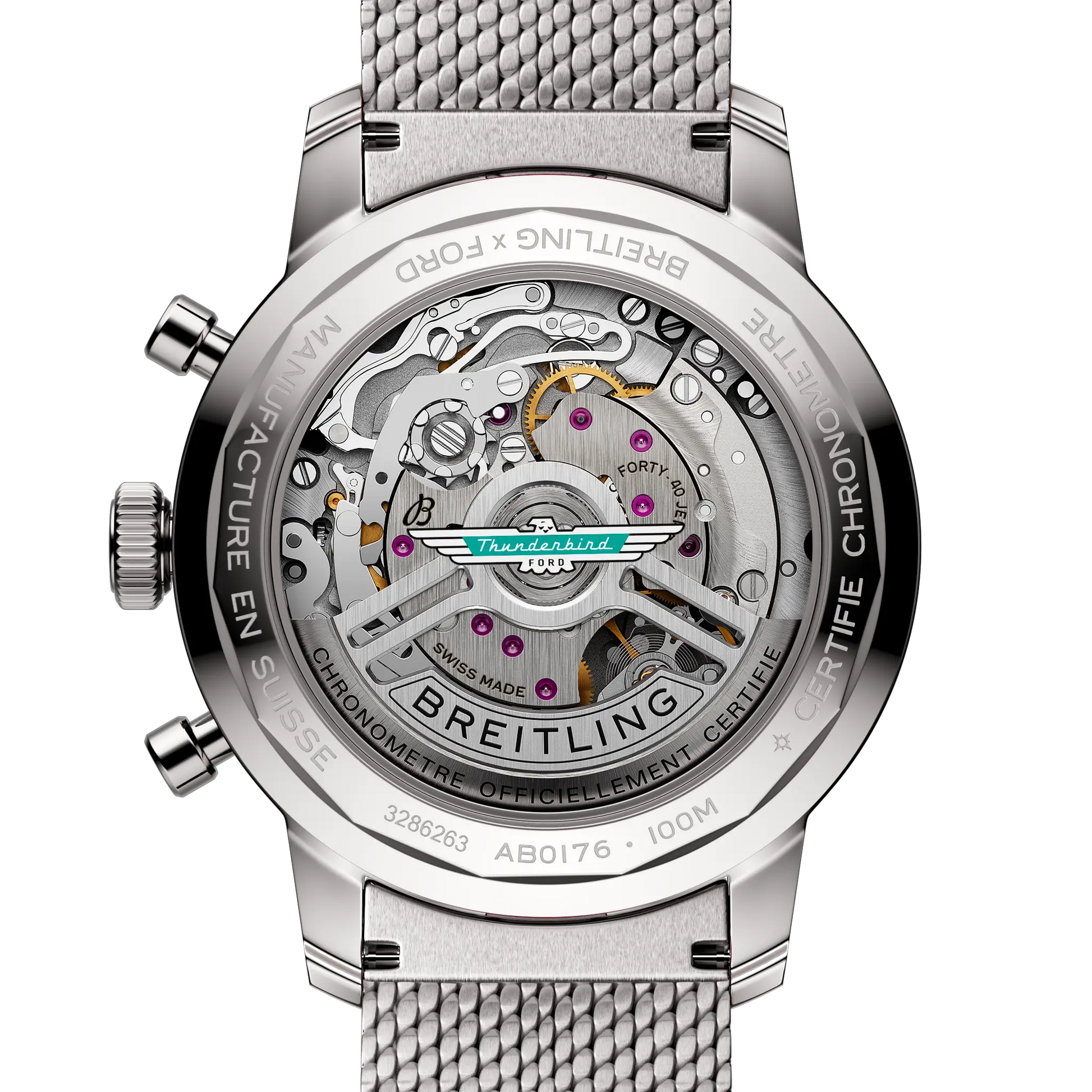 Caseback view of Breitling Top Time B01 Ford Thunderbird reference AB01766A1A1A1