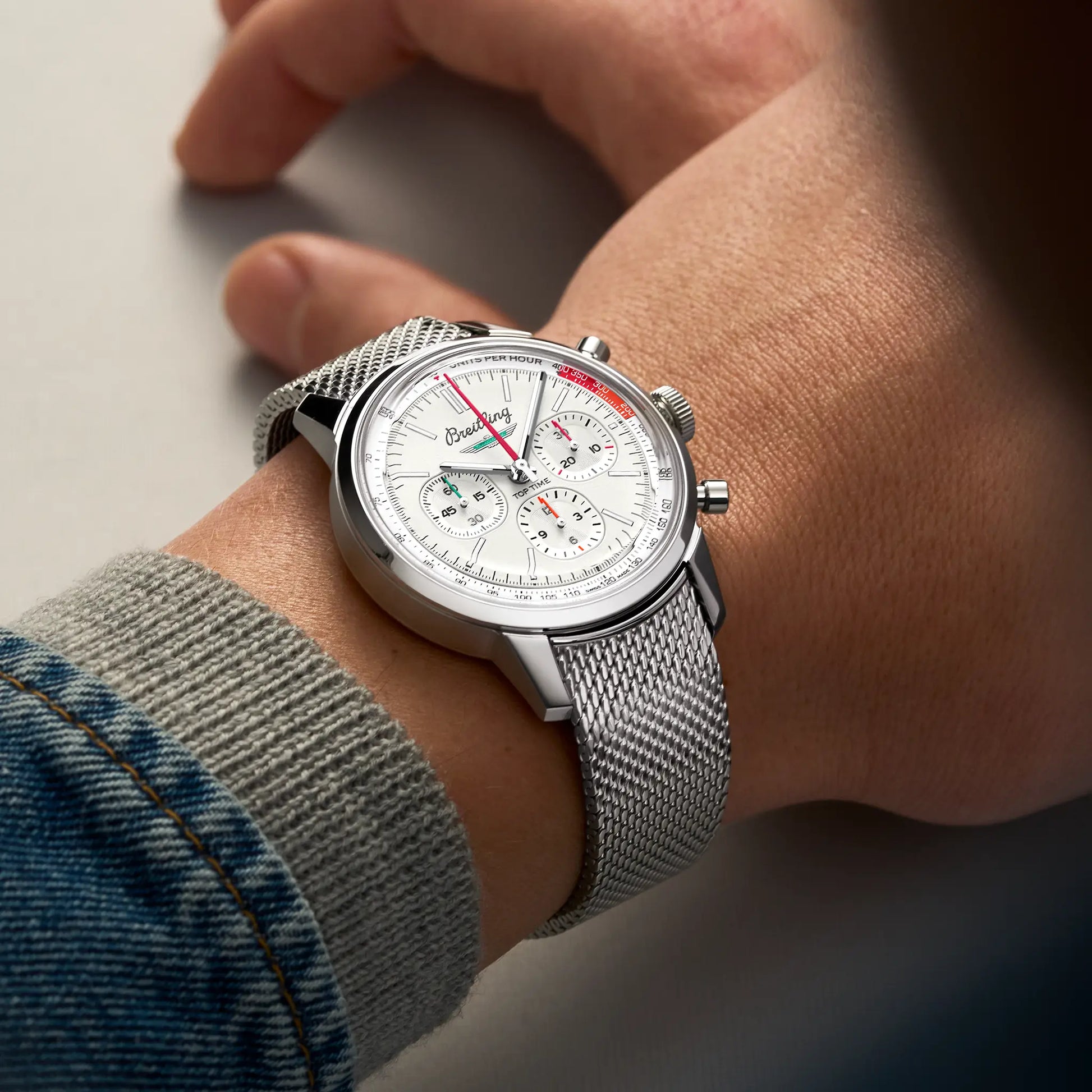 Breitling Top Time B01 Ford Thunderbird reference AB01766A1A1A1 with White dial, Stainless steel case, bracelet, on-wrist view