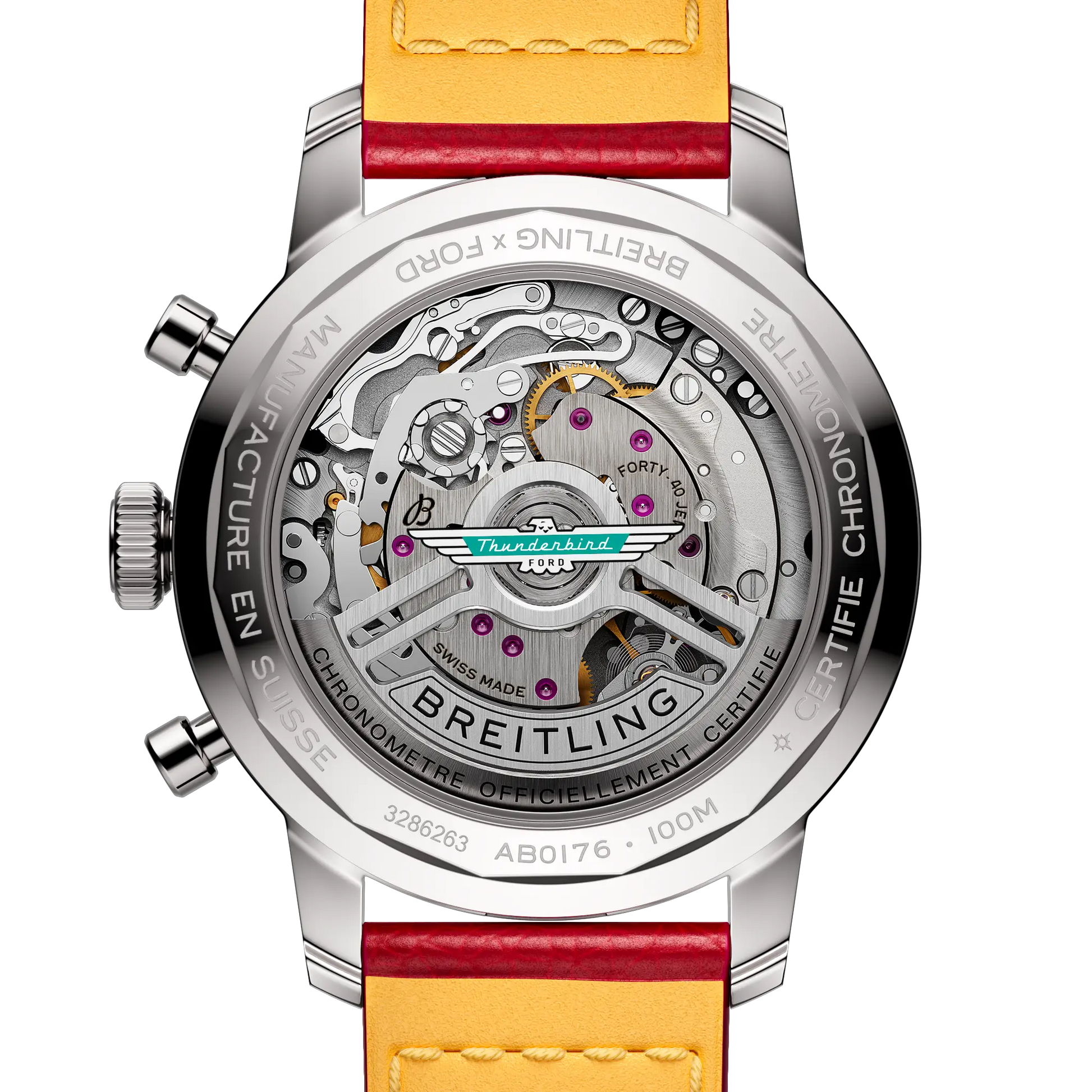 Caseback view of Breitling Top Time B01 Ford Thunderbird reference AB01766A1A1X1